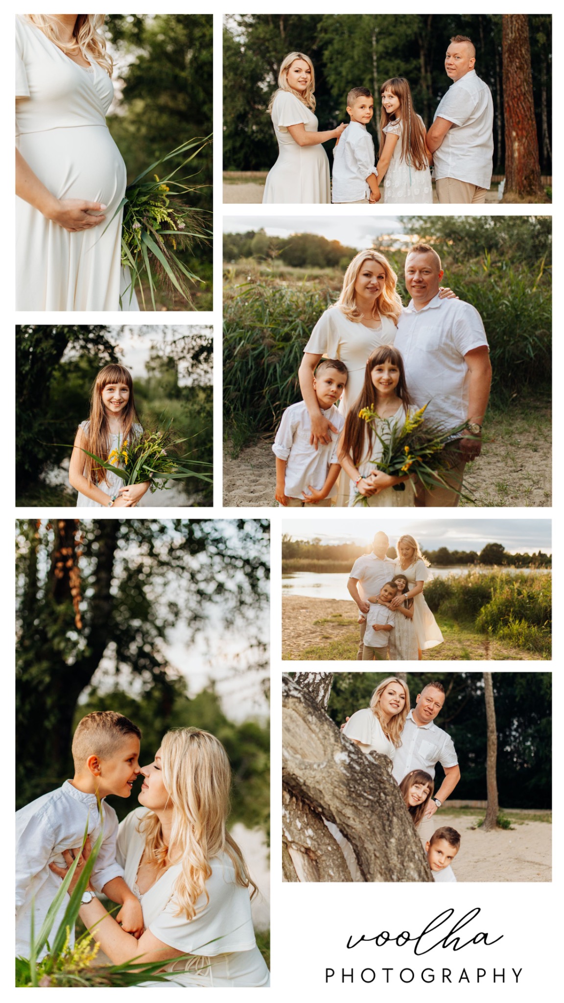 Kolaż zdjęć rodziny w plenerze, w jasnych ubraniach, obejmujący ujęcie kobiety w ciąży, portrety dzieci z kwiatami i sceny interakcji rodziców z dziećmi na tle naturalnego krajobrazu.