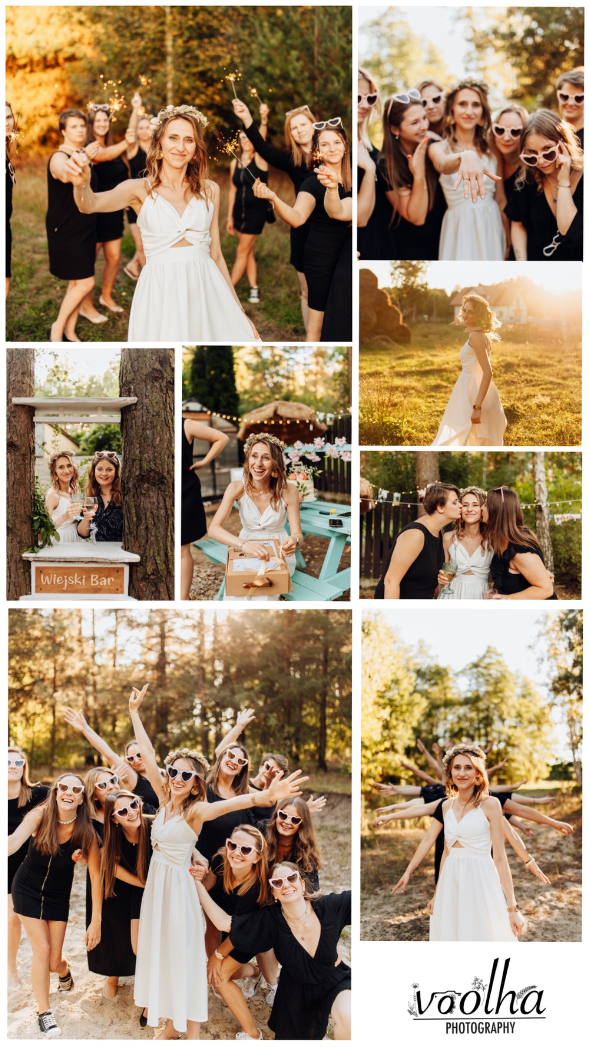 Kolaż zdjęć z wieczoru panieńskiego w plenerze: panna młoda w białej sukience i wianku na głowie, otoczona druhnami w czarnych sukienkach, odpalają zimne ognie, pozują do zdjęć, piją drinki przy...