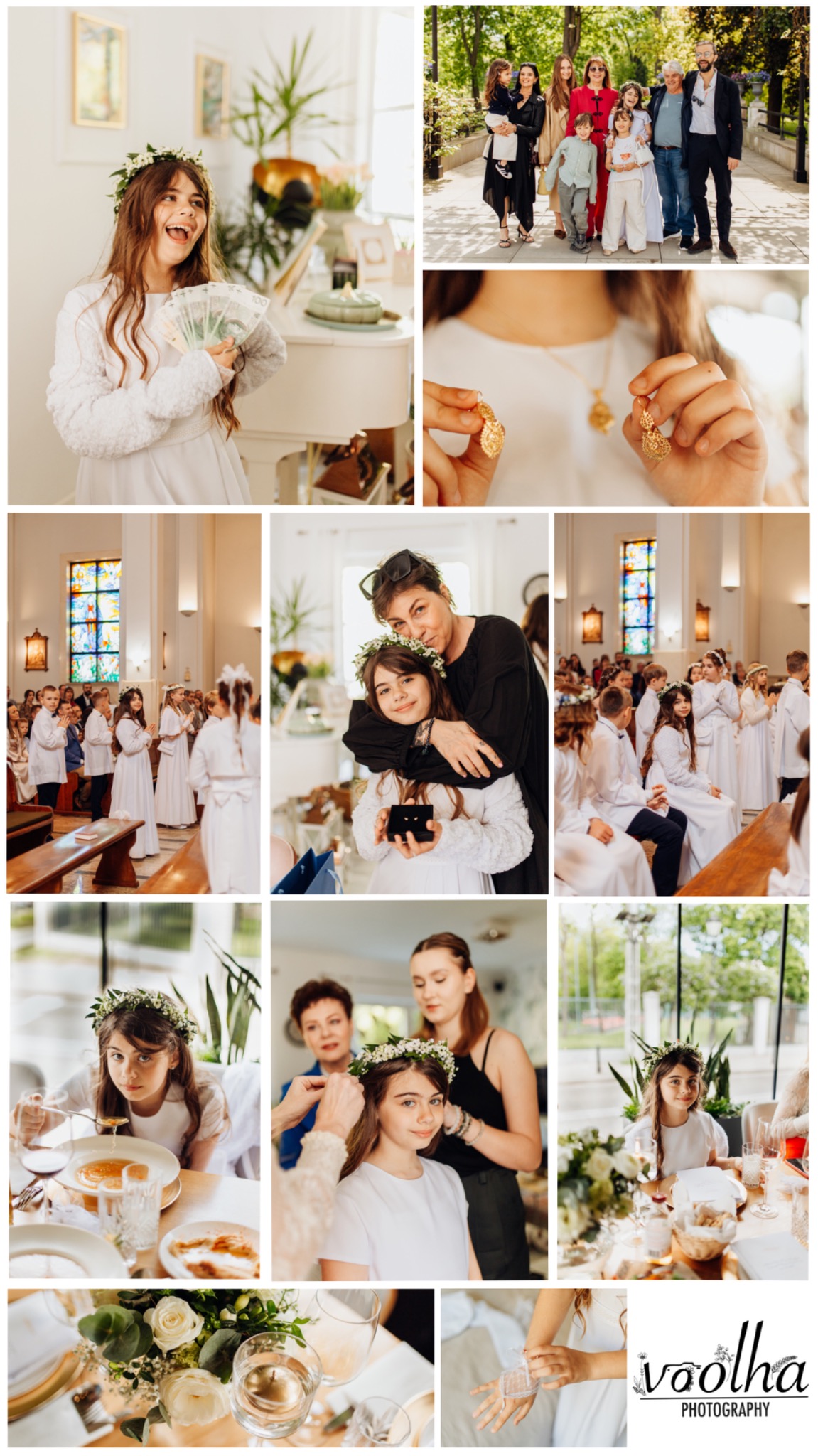 Kolaż zdjęć z uroczystości Pierwszej Komunii Świętej: dziewczynka w wianku z kwiatów, rodzina, detale biżuterii, przygotowania i dekoracje stołu.
