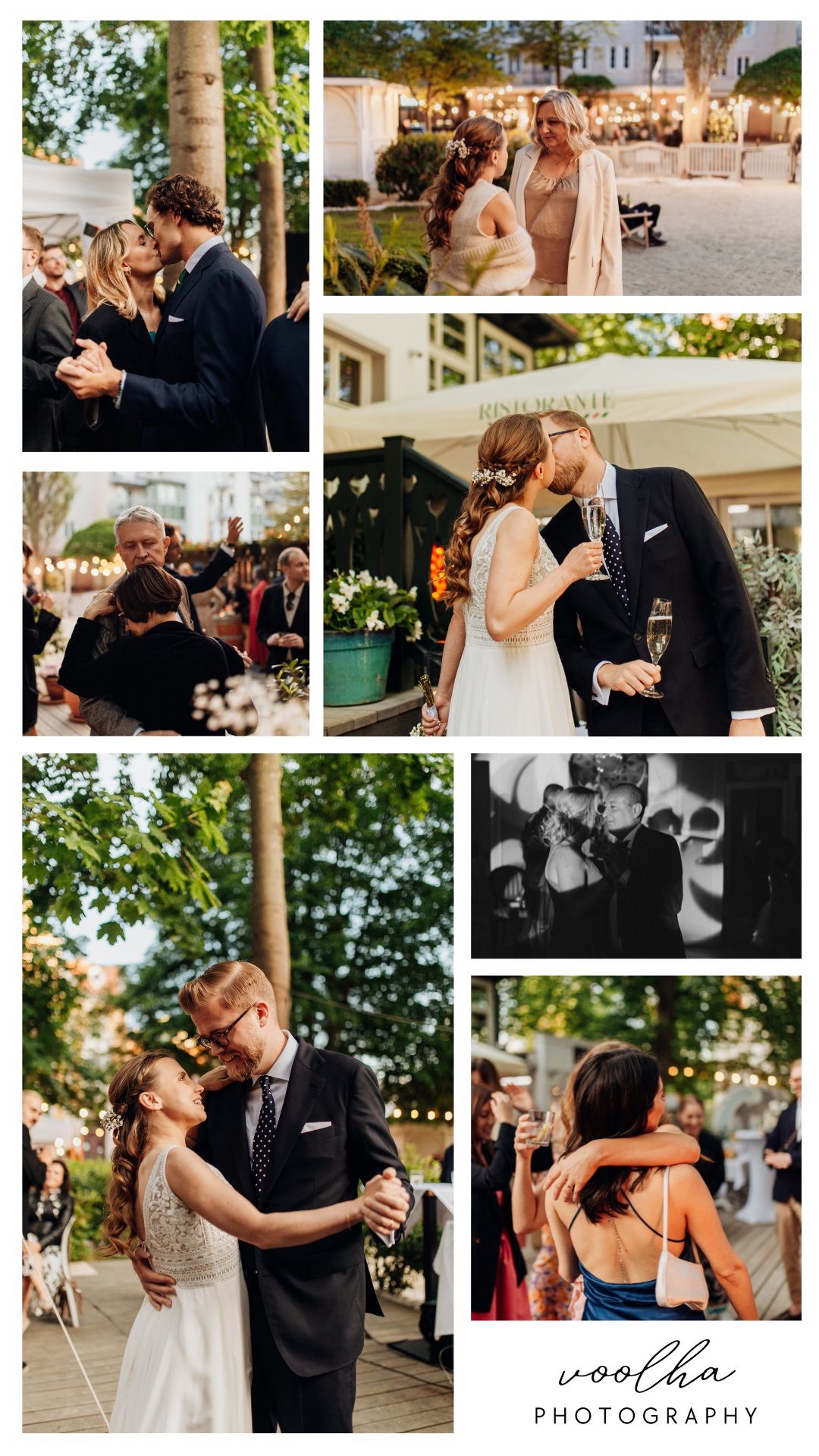 Kolaż z ujęciami z przyjęcia weselnego: całująca się para młoda z gośćmi, panna młoda z mamą, toast szampanem i pierwszy taniec na drewnianym parkiecie w plenerze.