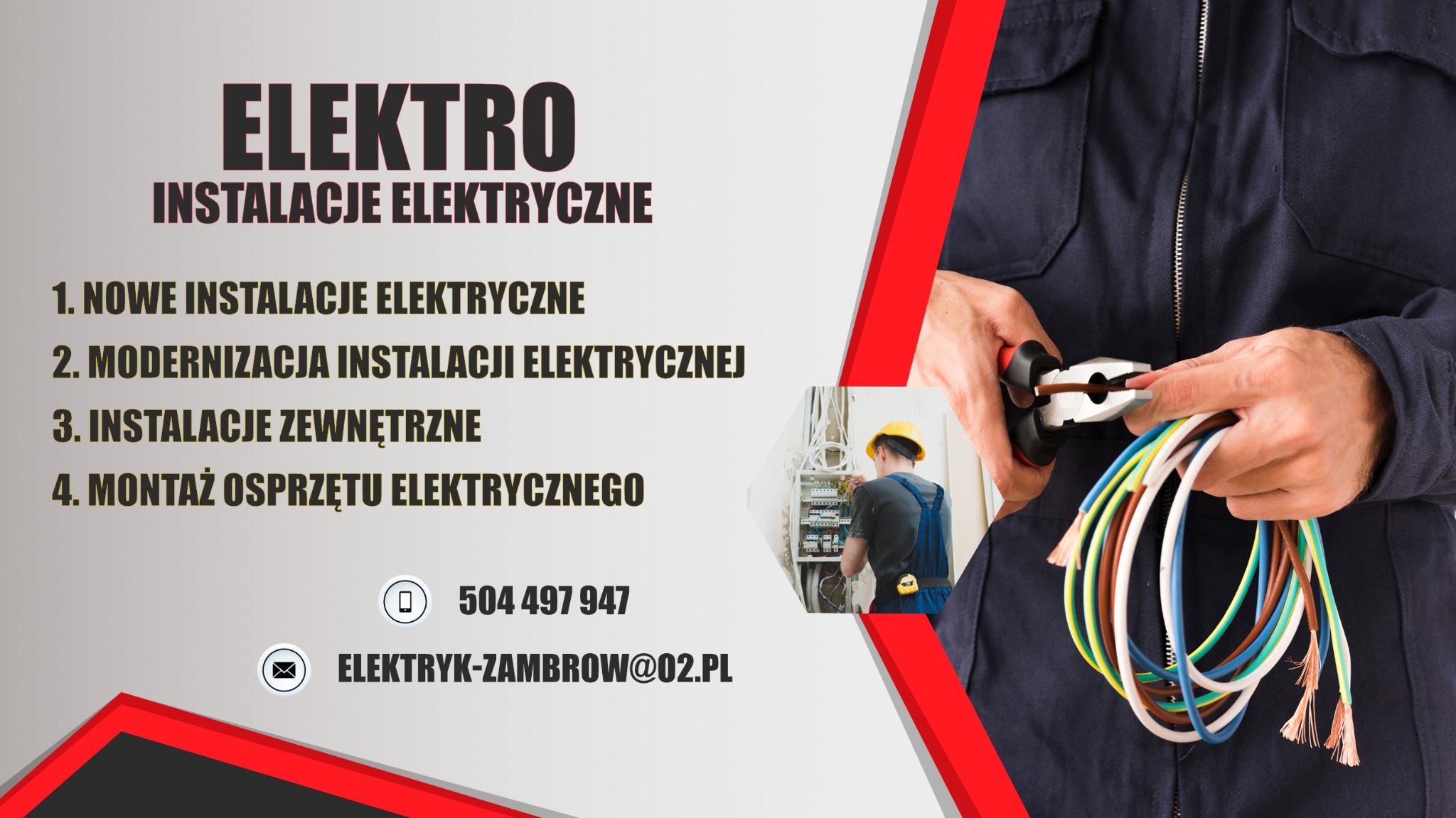 Elektryk w kombinezonie przycina przewód elektryczny kombinerkami, z widocznym fragmentem instalacji elektrycznej w tle.