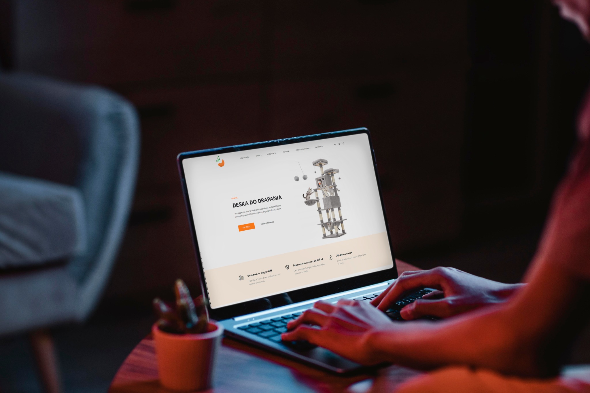 Osoba pisze na laptopie, na ekranie strona internetowa z drapakiem dla kota, obok doniczka z sukulentem, w tle fotel i ciemna ściana.