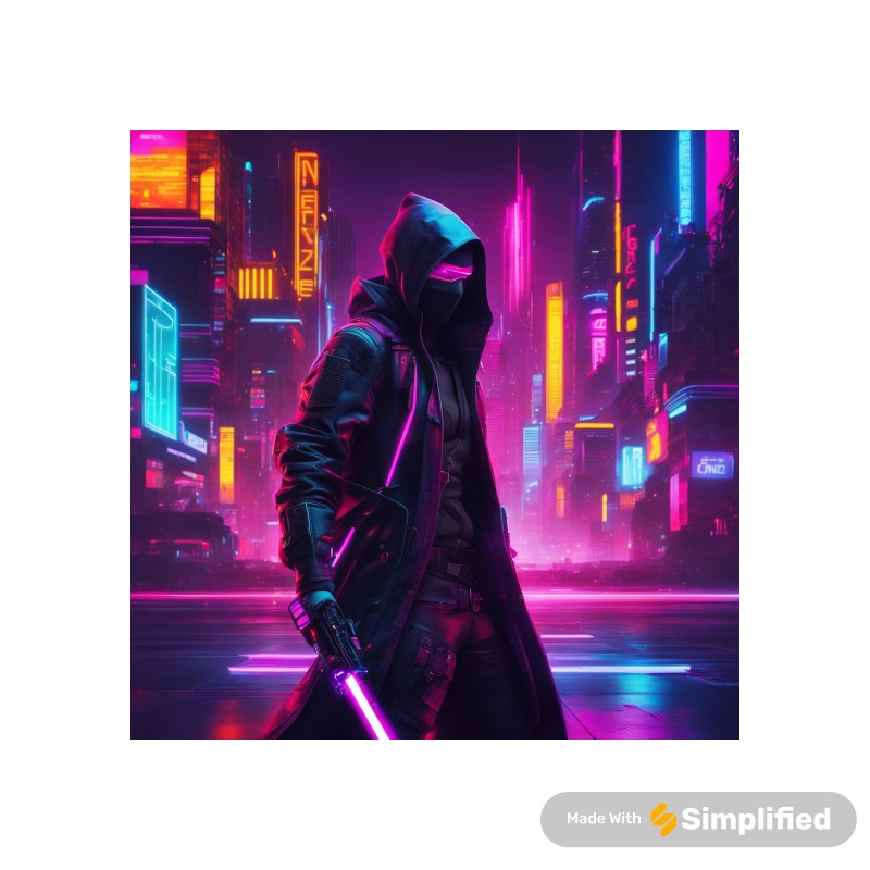 Postać w czarnym płaszczu i kapturze z fioletowym mieczem świetlnym na tle neonowego miasta przyszłości.
