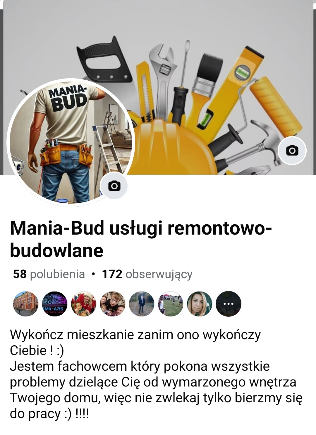 Zdjęcie profilowe firmy remontowo-budowlanej Mania-Bud z grafiką narzędzi i postacią robotnika w koszulce z logo firmy, w tle drabina i wyremontowany pokój.