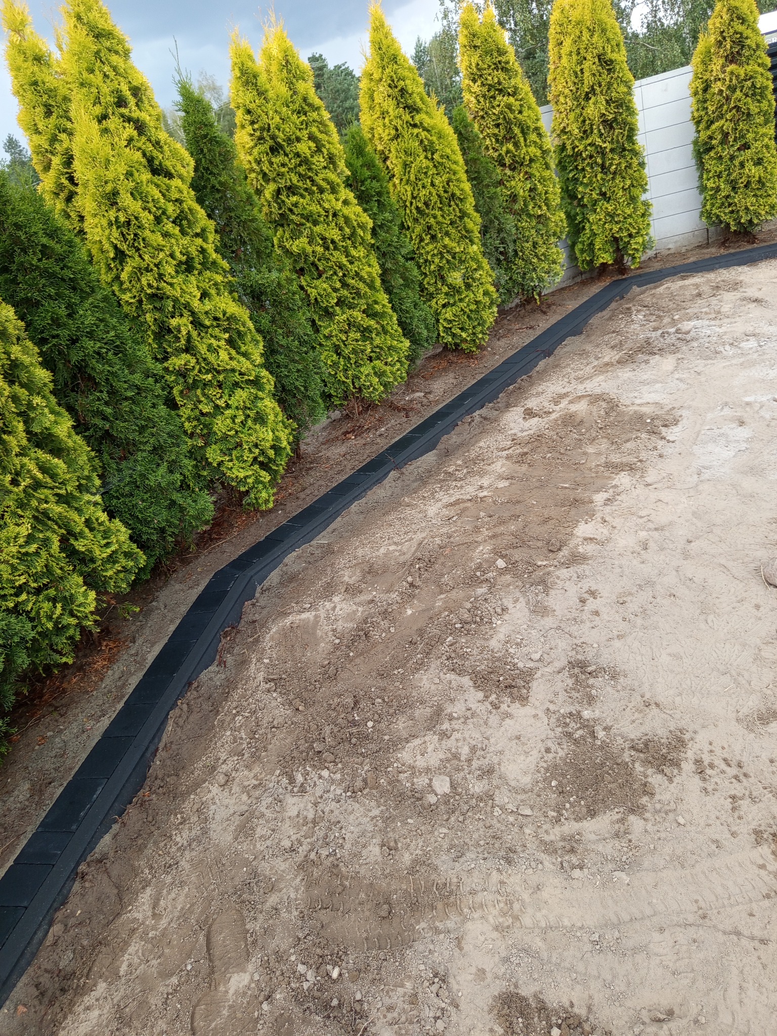 Ułożone obrzeża z kostki brukowej oddzielające rabatę z tujami od terenu przygotowanego pod dalsze prace brukarskie. Widoczne ślady opon.