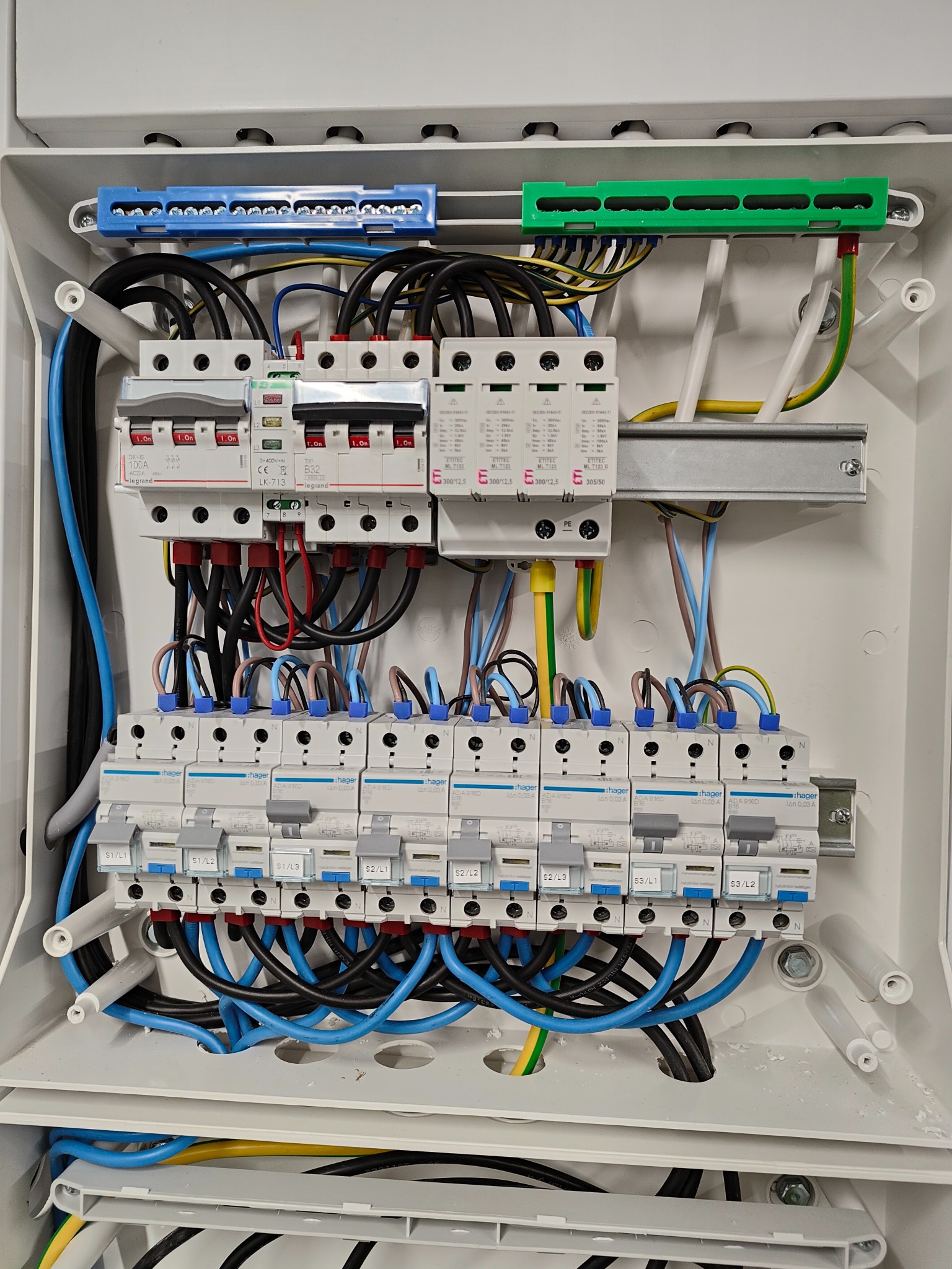 Rozdzielnica elektryczna w białej obudowie, widoczne bezpieczniki, przewody w kolorach niebieskim, czarnym, brązowym, żółto-zielonym, listwy zaciskowe w kolorze niebieskim i zielonym, wykonana...