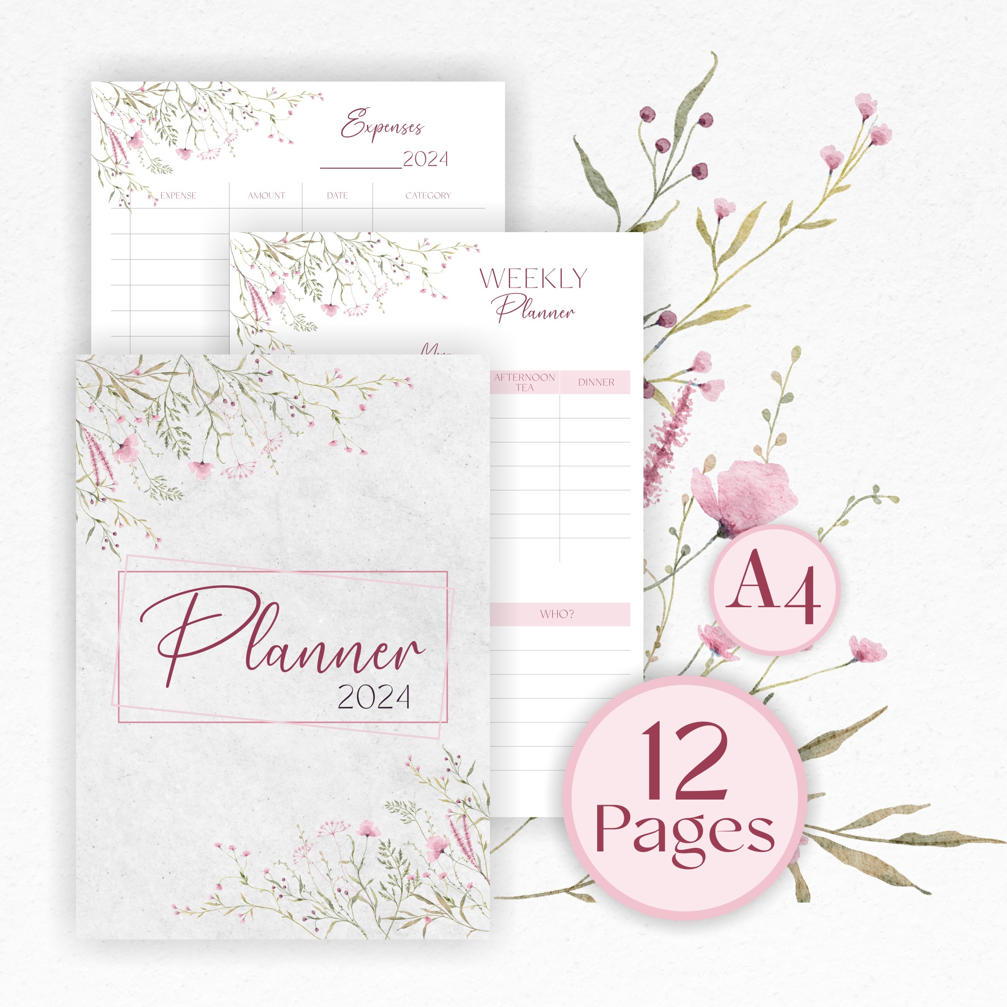 Zestaw planerów w stylistyce akwarelowych kwiatów, obejmujący planer tygodniowy, planer wydatków i okładkę planera na rok 2024, prezentowany przez grafika z Gdyni.