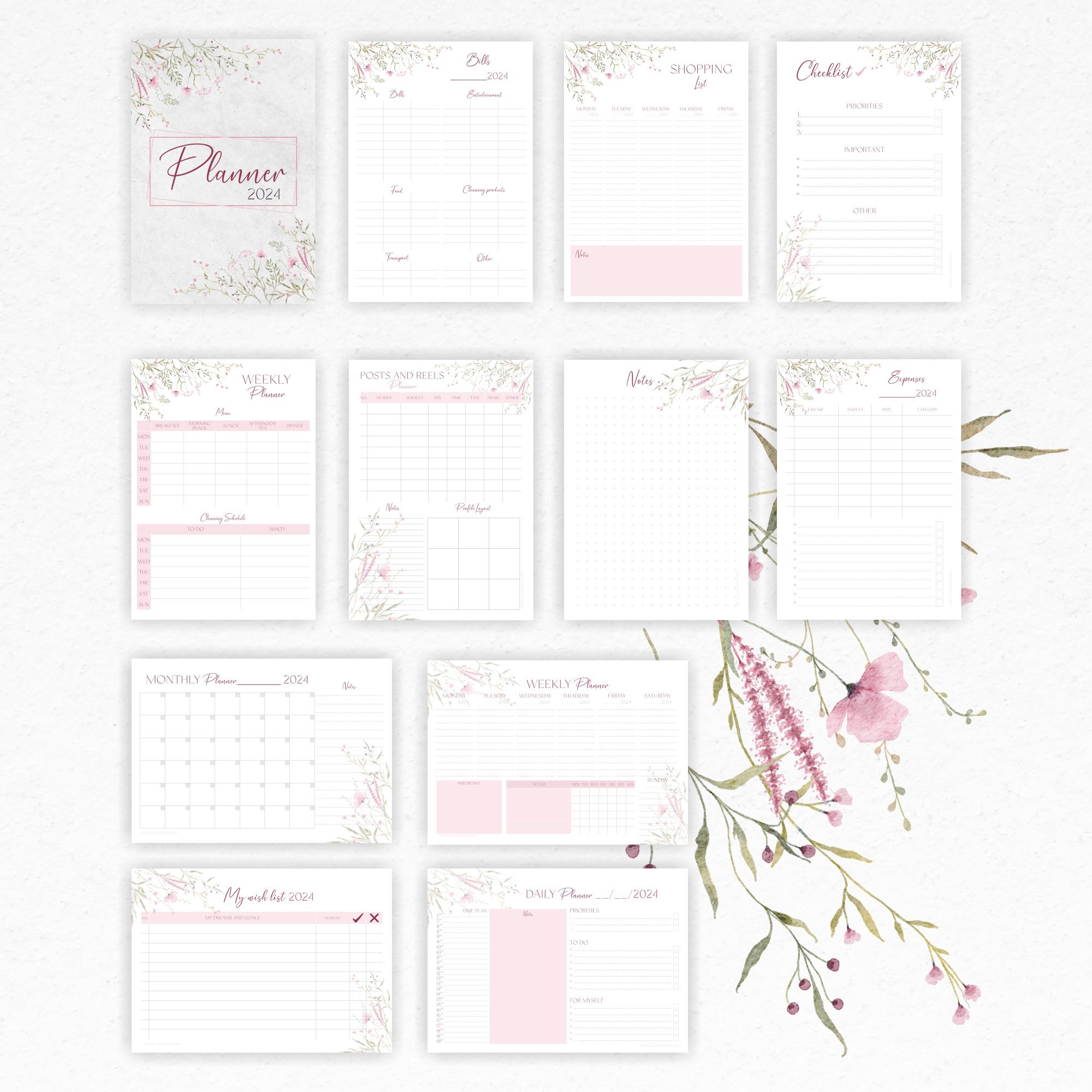 Zestaw planerów do druku na rok 2024 z motywem kwiatowym, zawierający planer miesięczny, tygodniowy, dzienny, listę zakupów, budżet i listę życzeń.