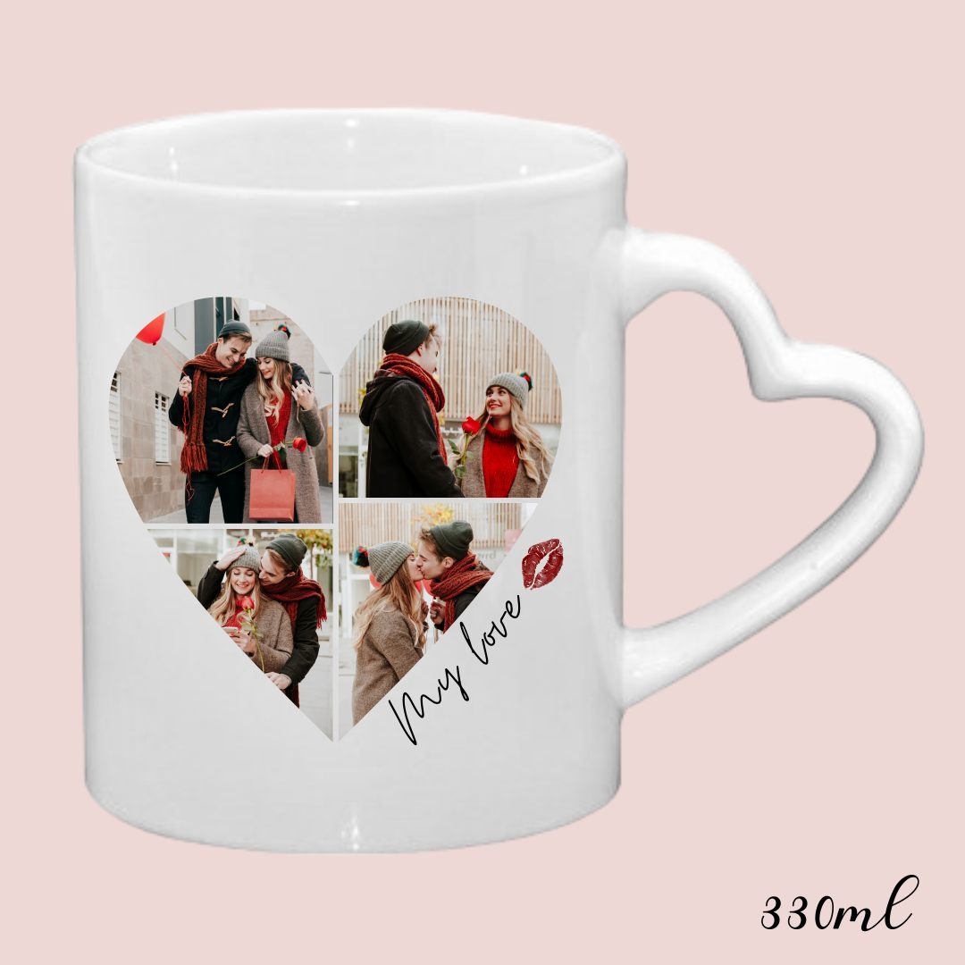 Biały ceramiczny kubek z uchwytem w kształcie serca, ozdobiony kolażem czterech zdjęć pary w zimowych ubraniach oraz napisem 'My love' z odciskiem ust.