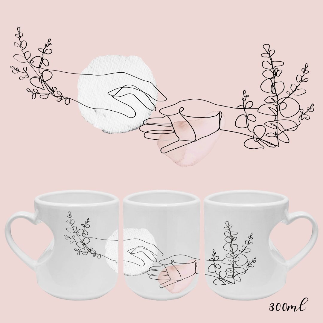 Trzy białe kubki z nadrukiem cienkich linii przedstawiających dłonie i gałązki na różowym tle, jeden kubek z uchwytem w kształcie serca, pojemność 300ml.