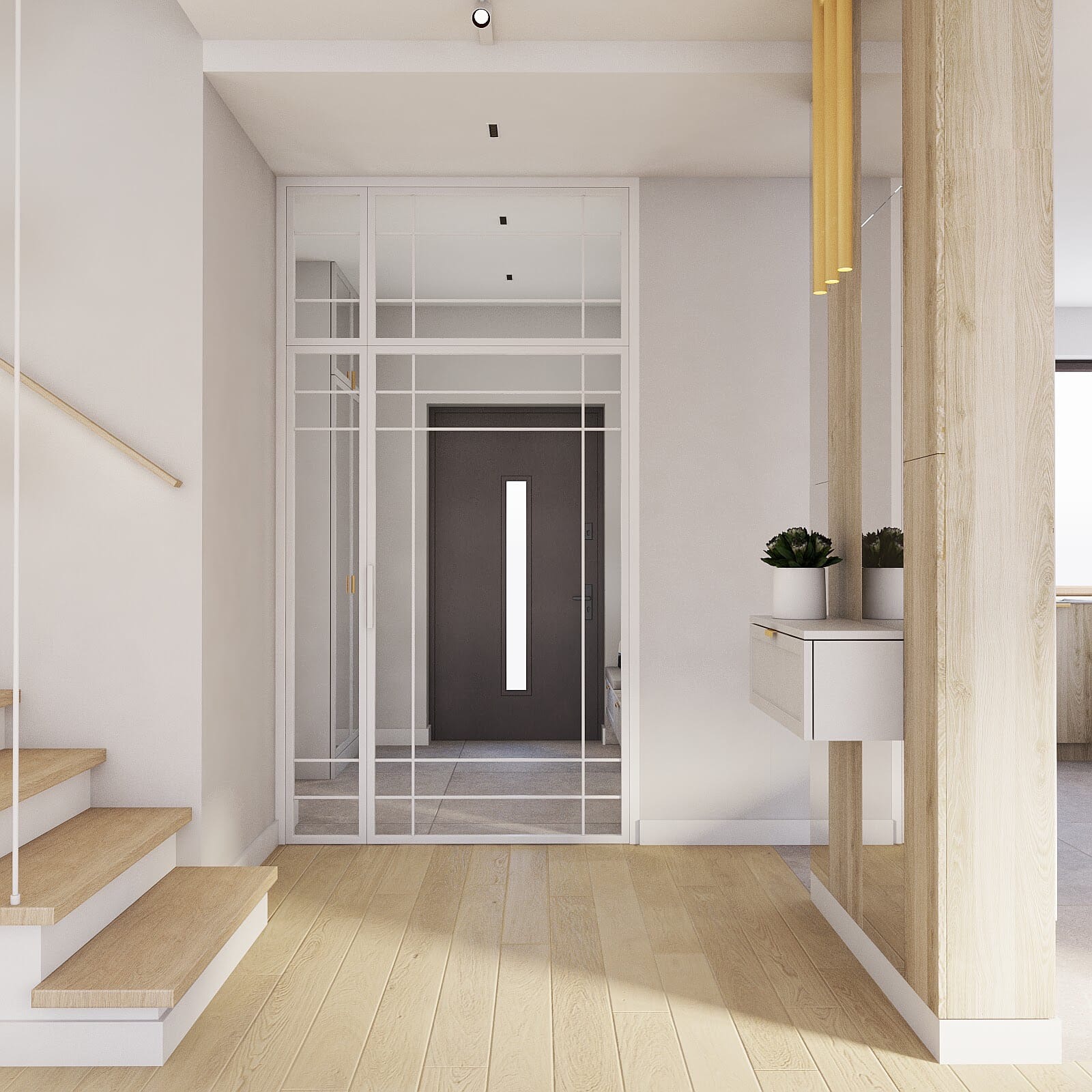 Nowoczesny przedpokój z drewnianą podłogą, białymi schodami, szklaną ścianą działową i minimalistyczną konsolą z roślinami w doniczkach.
