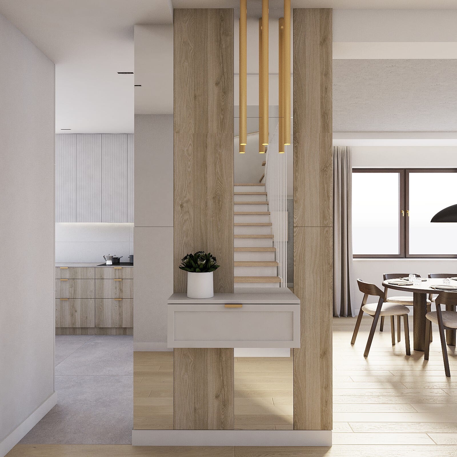 Nowoczesne wnętrze domu z drewnianą ścianką działową, minimalistycznym oświetleniem zwisającym, widokiem na schody i kuchnię w tle.