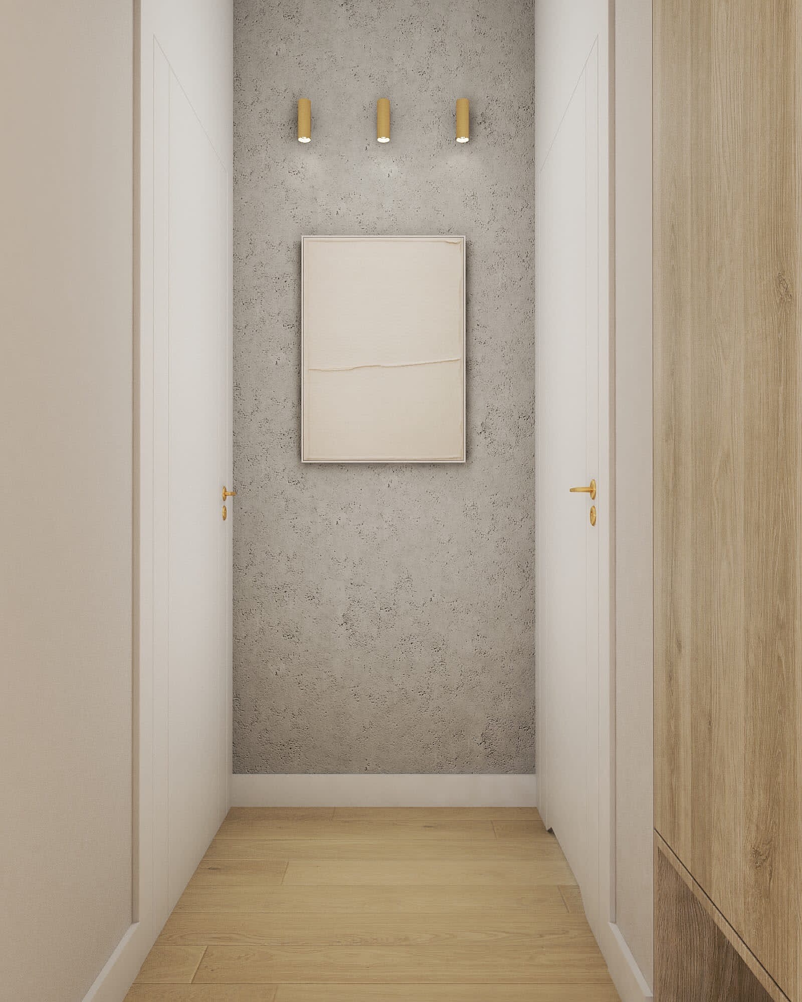 Korytarz z trzema złotymi lampami ściennymi nad abstrakcyjnym obrazem w ramie, białe drzwi po bokach i drewniana podłoga.