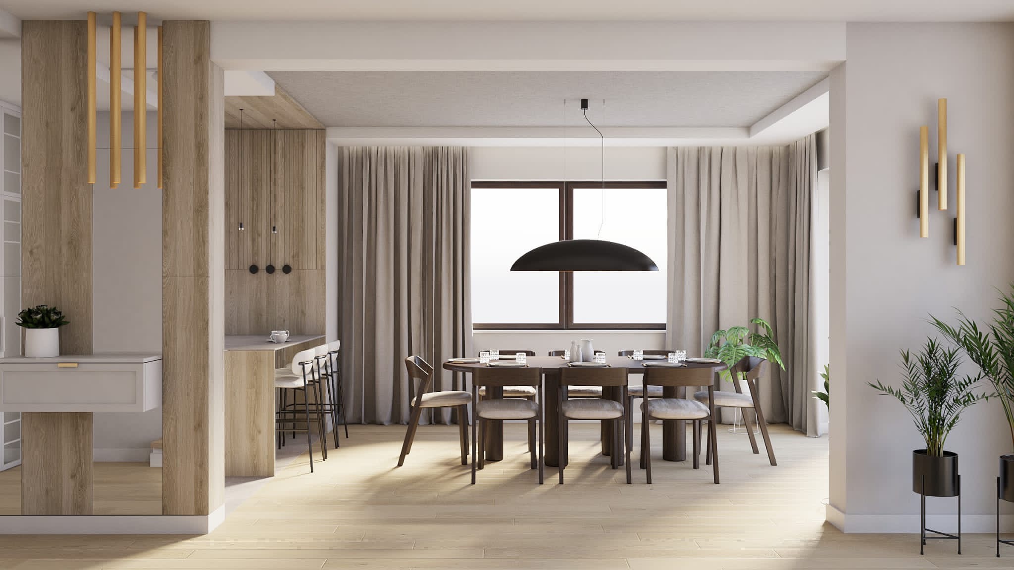 Nowoczesna jadalnia z okrągłym stołem, krzesłami z jasną tapicerką, dużą lampą wiszącą i dekoracyjnymi lampami ściennymi w kształcie złotych prętów, oświetlona naturalnym światłem.