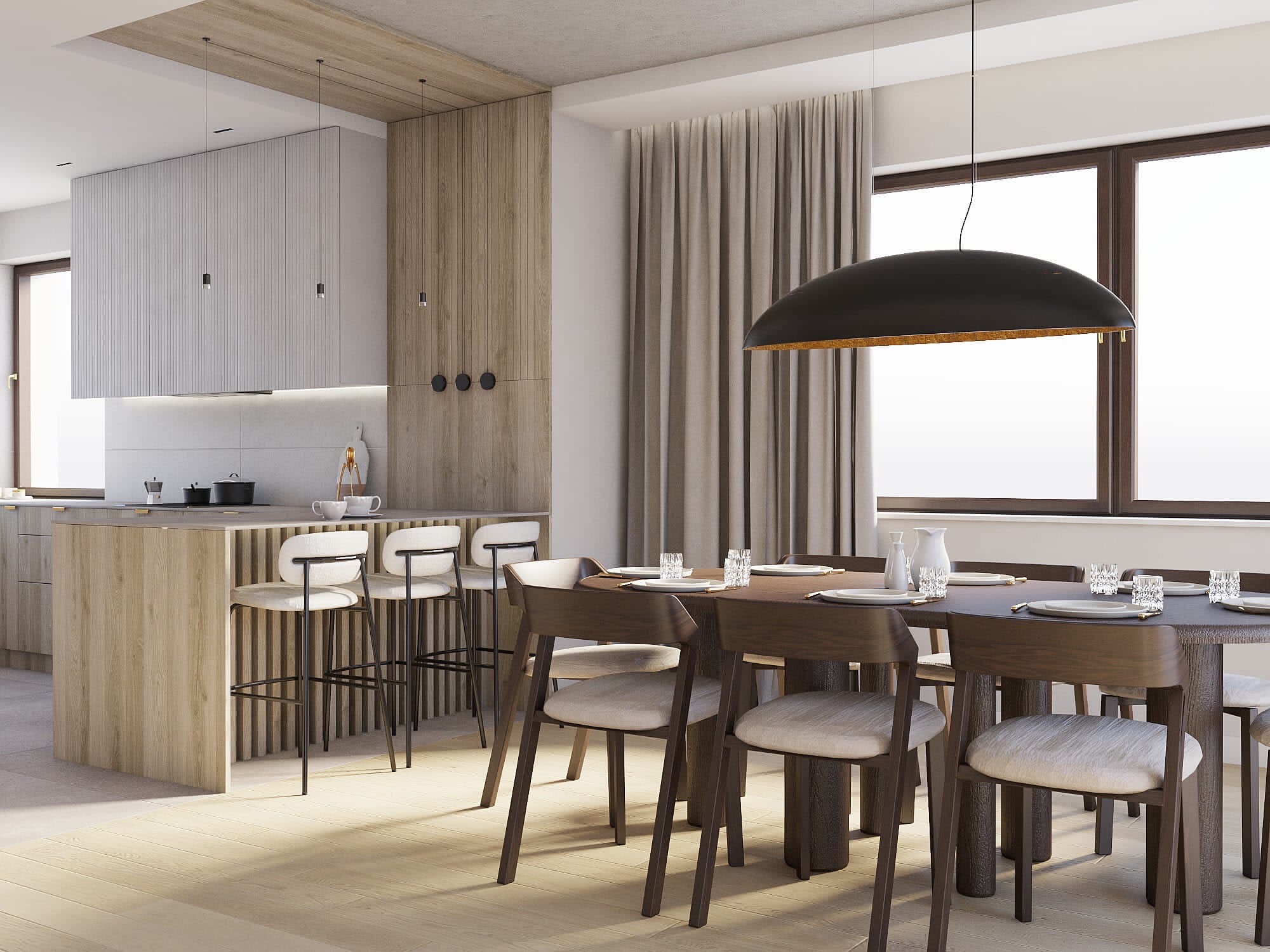 Nowoczesna kuchnia z wyspą i oświetleniem: wisząca lampa nad drewnianym stołem z nakryciem, krzesła barowe przy wyspie kuchennej z drewnianym wykończeniem.