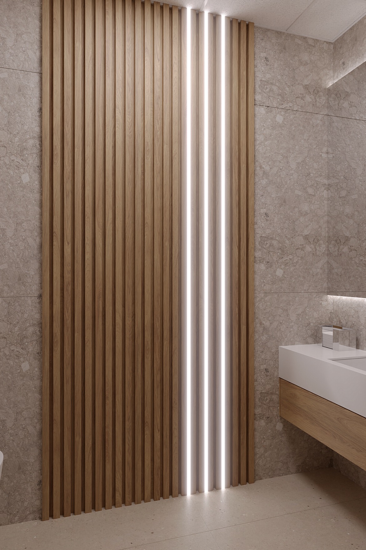 Drewniana ściana z pionowymi lamelami i wbudowanym oświetleniem LED w nowoczesnej łazience z umywalką.