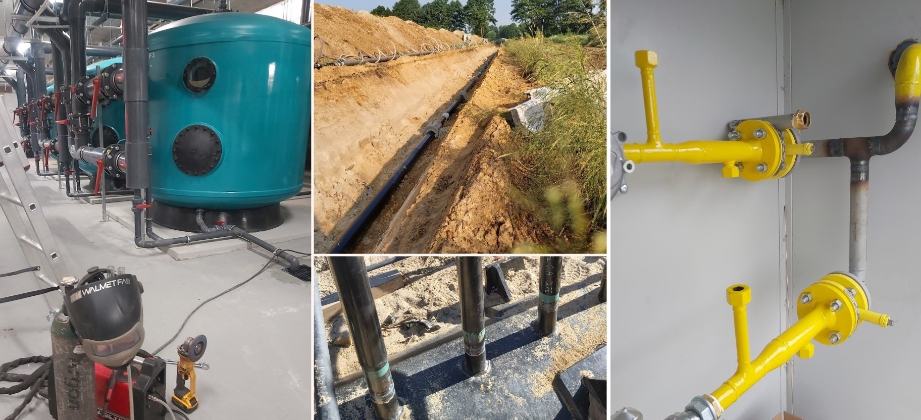 Kompozycja zdjęć: turkusowe zbiorniki z rurami, rów z rurą w ziemi, rury wystające z piasku, żółte rury z zaworami na ścianie.