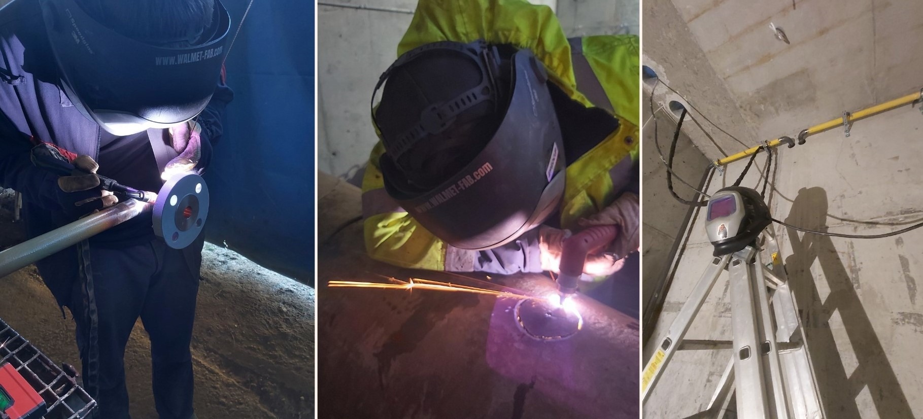 Spawanie rury z kołnierzem wewnątrz budynku, widoczne iskry i spawacz w masce ochronnej, w tle instalacja gazowa i drabina.