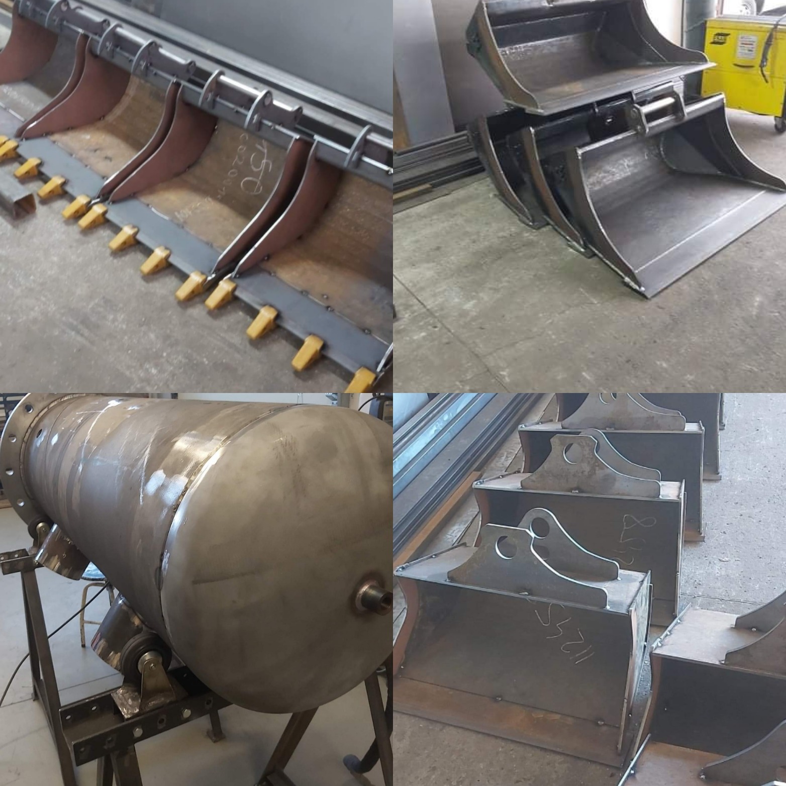 Kolaż przedstawiający metalowe elementy konstrukcyjne: fragment łyżki koparki z zębami, kilka wyprodukowanych łyżek koparki, spawany zbiornik ciśnieniowy na stojaku i elementy konstrukcyjne...