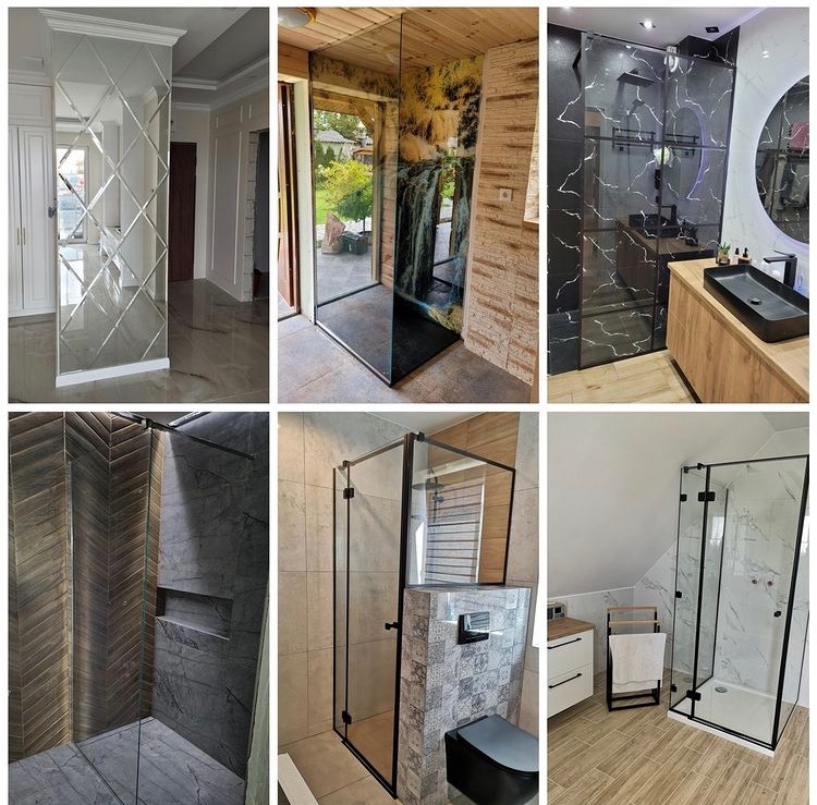 Kompozycja sześciu zdjęć prezentujących różne aranżacje kabin prysznicowych z czarnymi ramami i szklanymi ścianami, w tym jedna z lustrzaną ścianą działową w salonie.