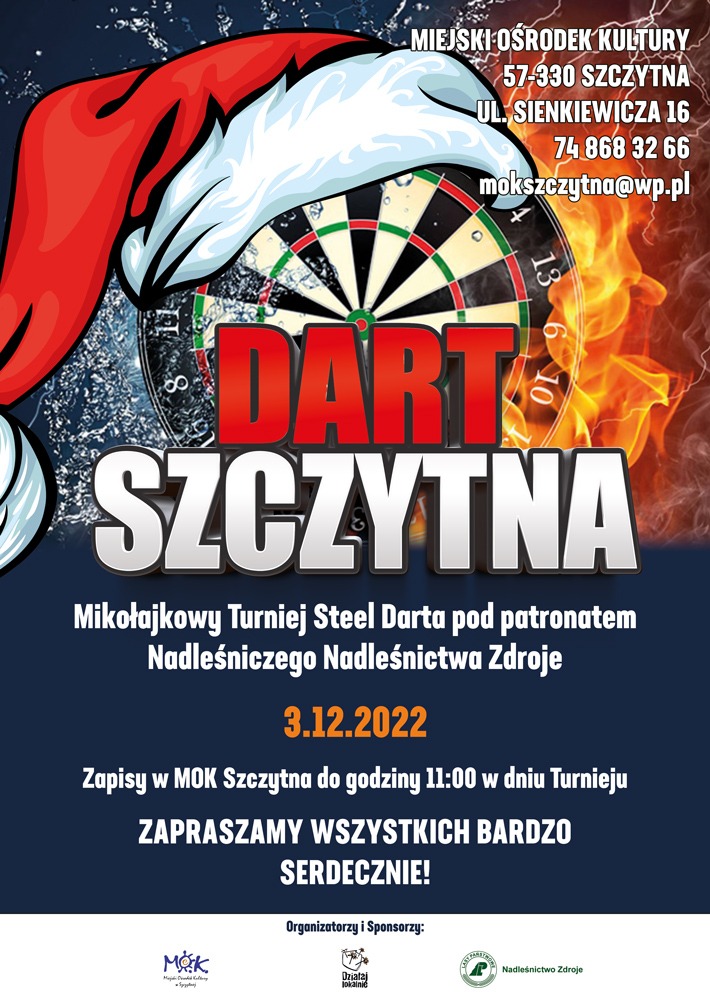 Plakat reklamowy Mikołajkowego Turnieju Steel Darta w Szczytnej, z tarczą do darta, czapką Mikołaja i elementami ognia i lodu.