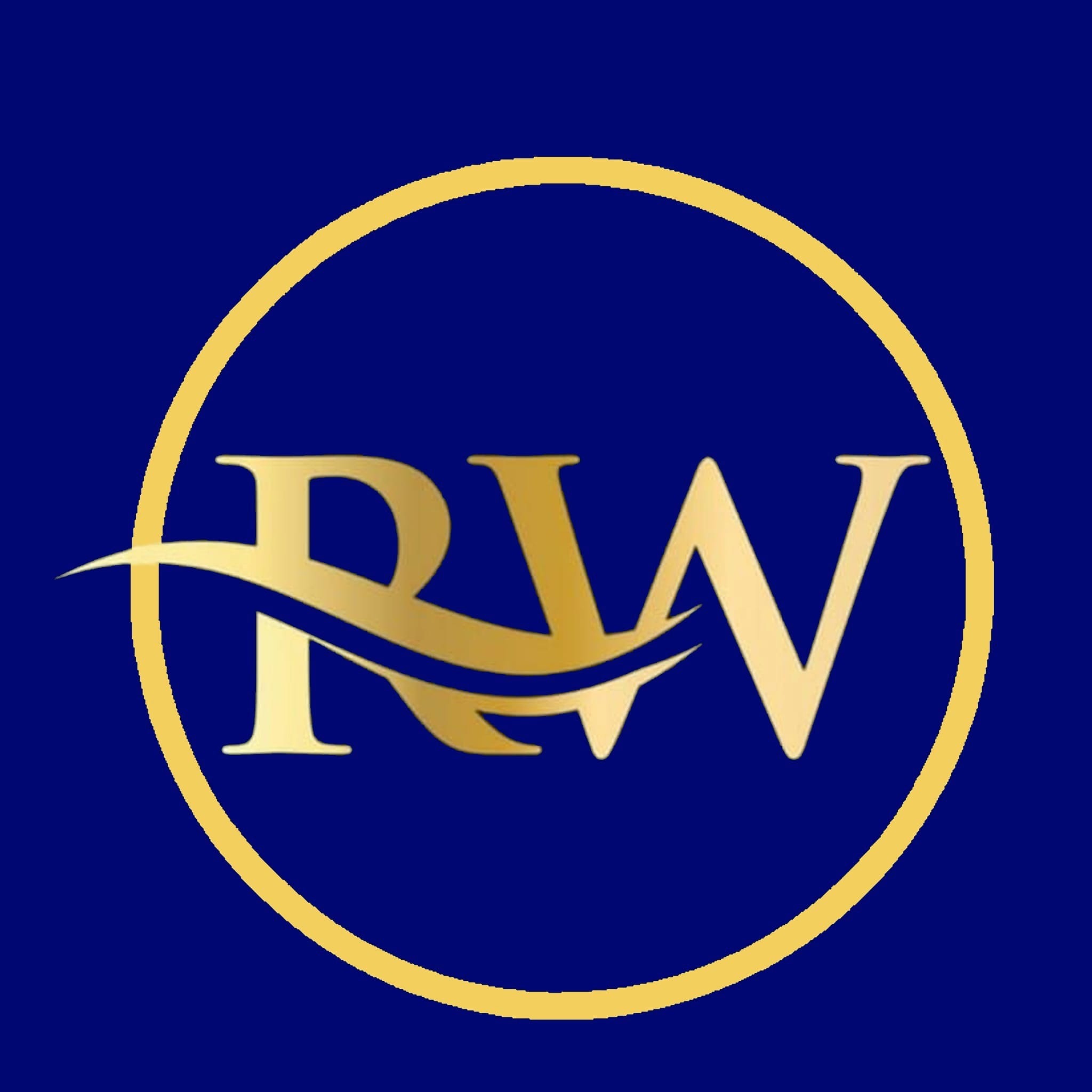 Eleganckie logo z literami RW w kolorze złotym, przecięte falistą linią, umieszczone w złotym okręgu na granatowym tle.