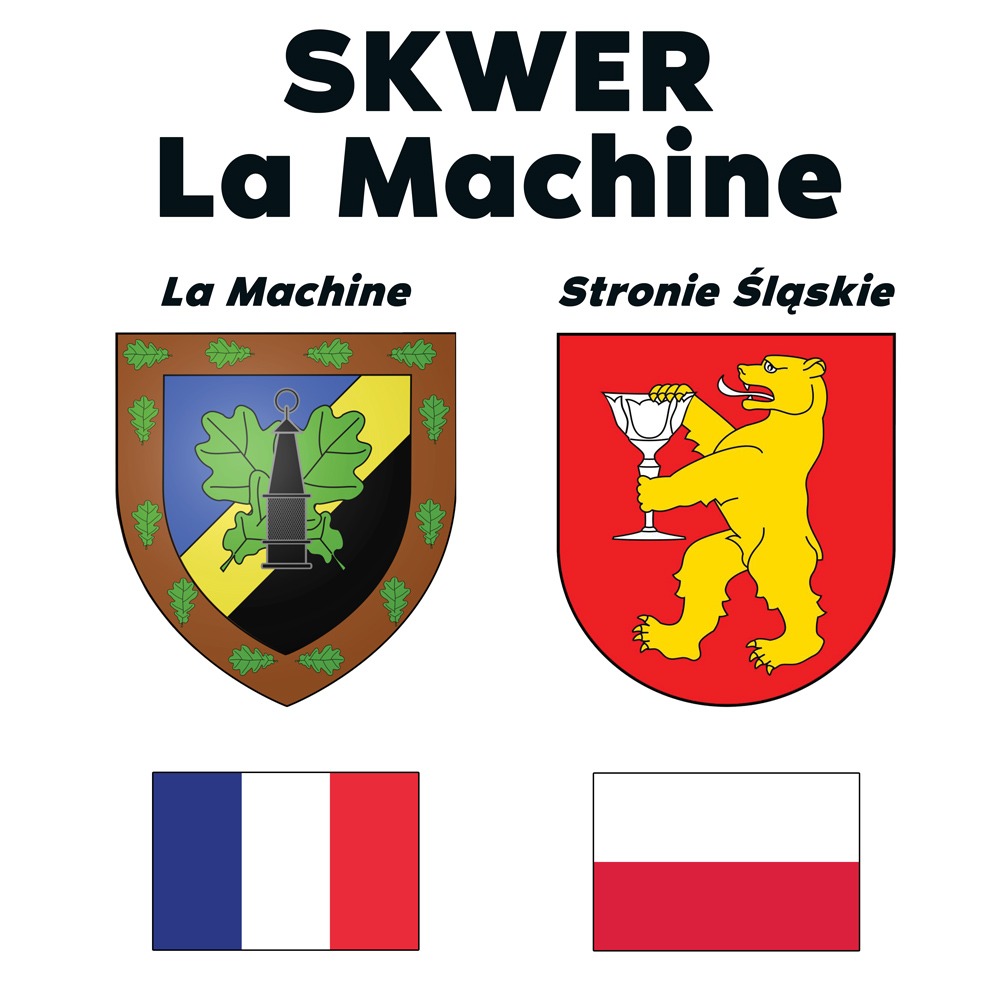 Grafika przedstawiająca herby miejscowości La Machine (Francja) i Stronie Śląskie (Polska) oraz flagi tych państw, z napisem 'Skwer La Machine' u góry.