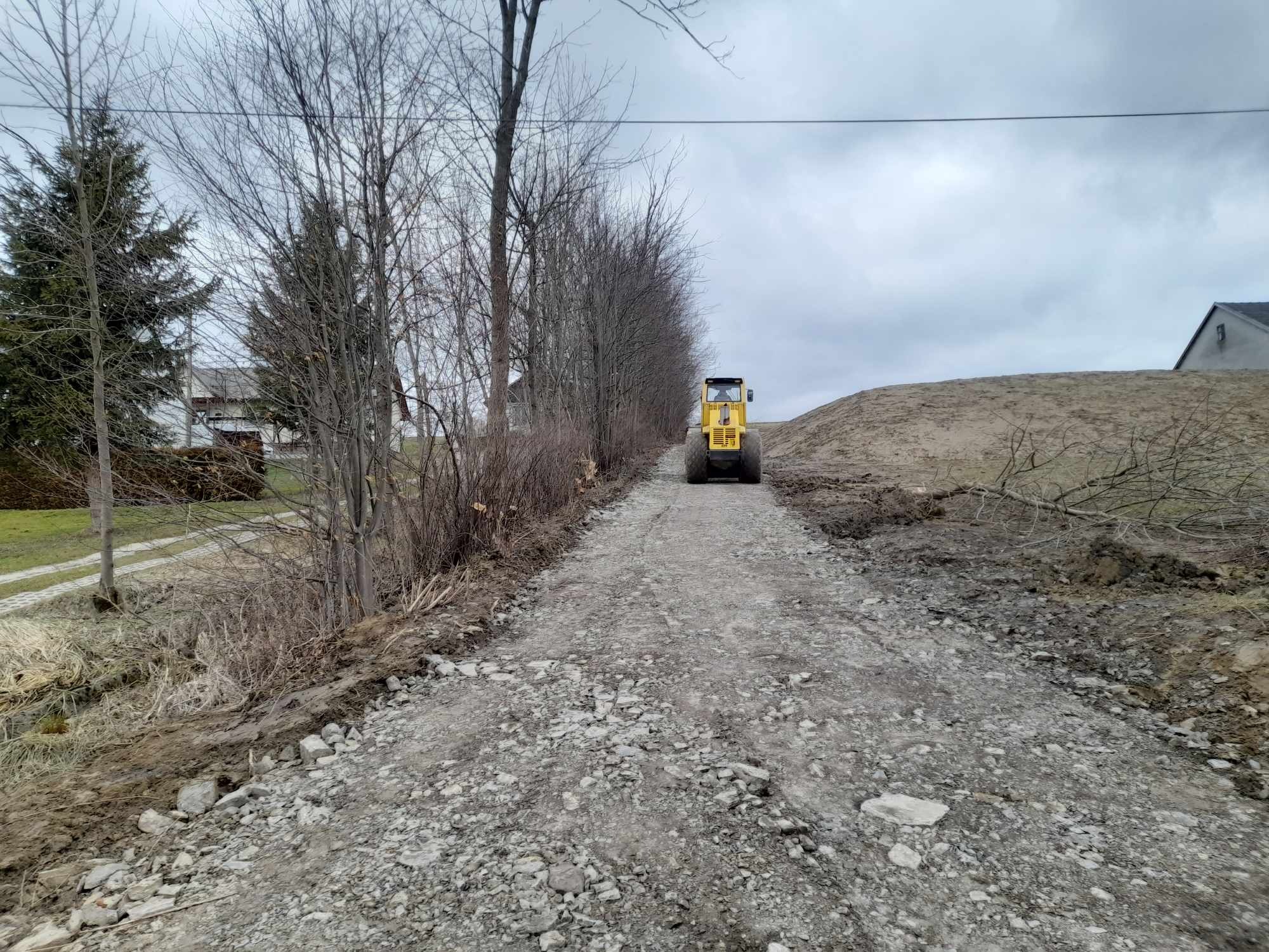 Żółty walec drogowy ugniata kamienistą drogę gruntową, widok z przodu na tle pochmurnego nieba i drzew bez liści.
