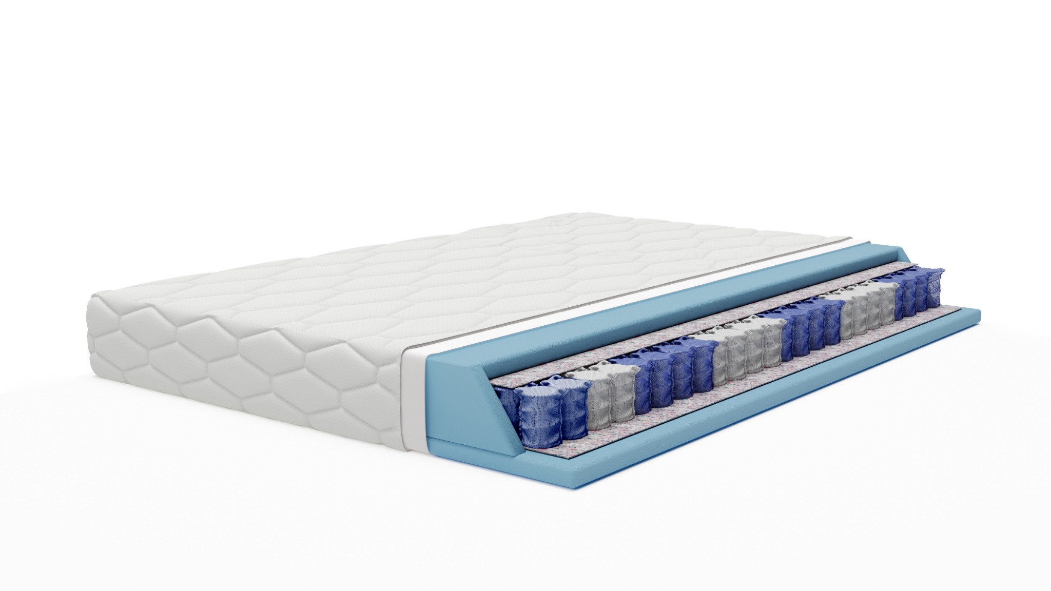 Przekrój materaca z widocznymi sprężynami kieszeniowymi w kolorach białym i niebieskim, obudowany jasnoniebieską pianką, na białym tle.