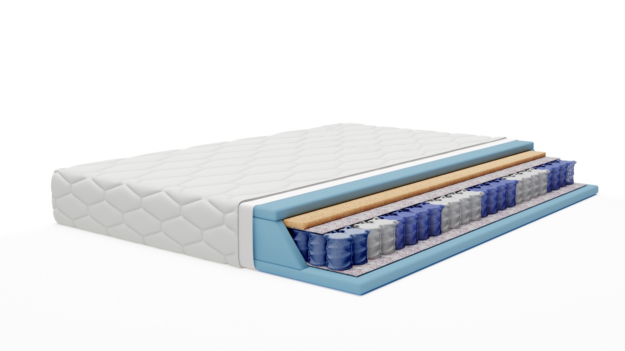 Przekrój materaca z widocznymi warstwami: sprężyny kieszeniowe, pianka, włókno kokosowe i pikowany pokrowiec.