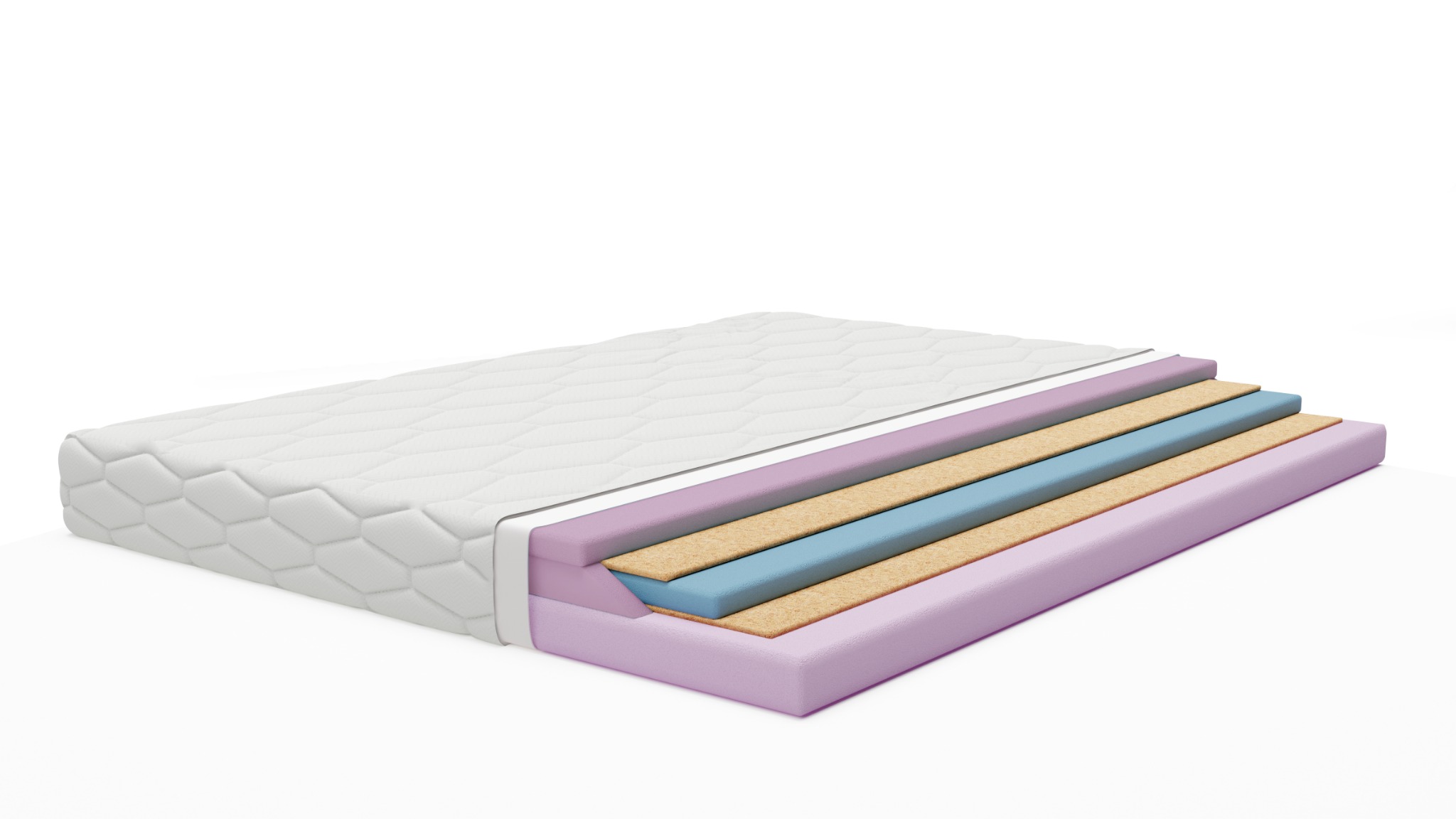 Przekrój materaca z widocznymi warstwami pianki, włókniny i pokrowca z pikowaniem w romby, na białym tle.