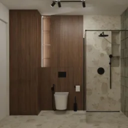 Nowoczesna łazienka z kabiną prysznicową typu walk-in, toaletą podwieszaną i szafką z forniru orzechowego, oświetlona reflektorami sufitowymi.