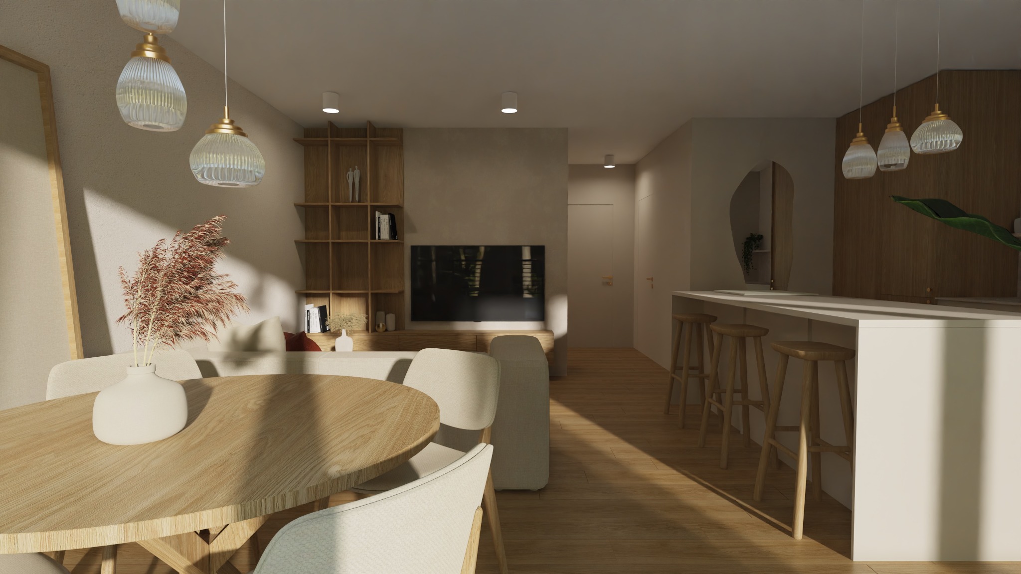 Jasne, przestronne wnętrze salonu z jadalnią w Poznaniu, z drewnianym stołem i krzesłami w odcieniach beżu, uzupełnione dekoracyjnym bukietem w wazonie. W tle widoczny telewizor na tle drewnianej...