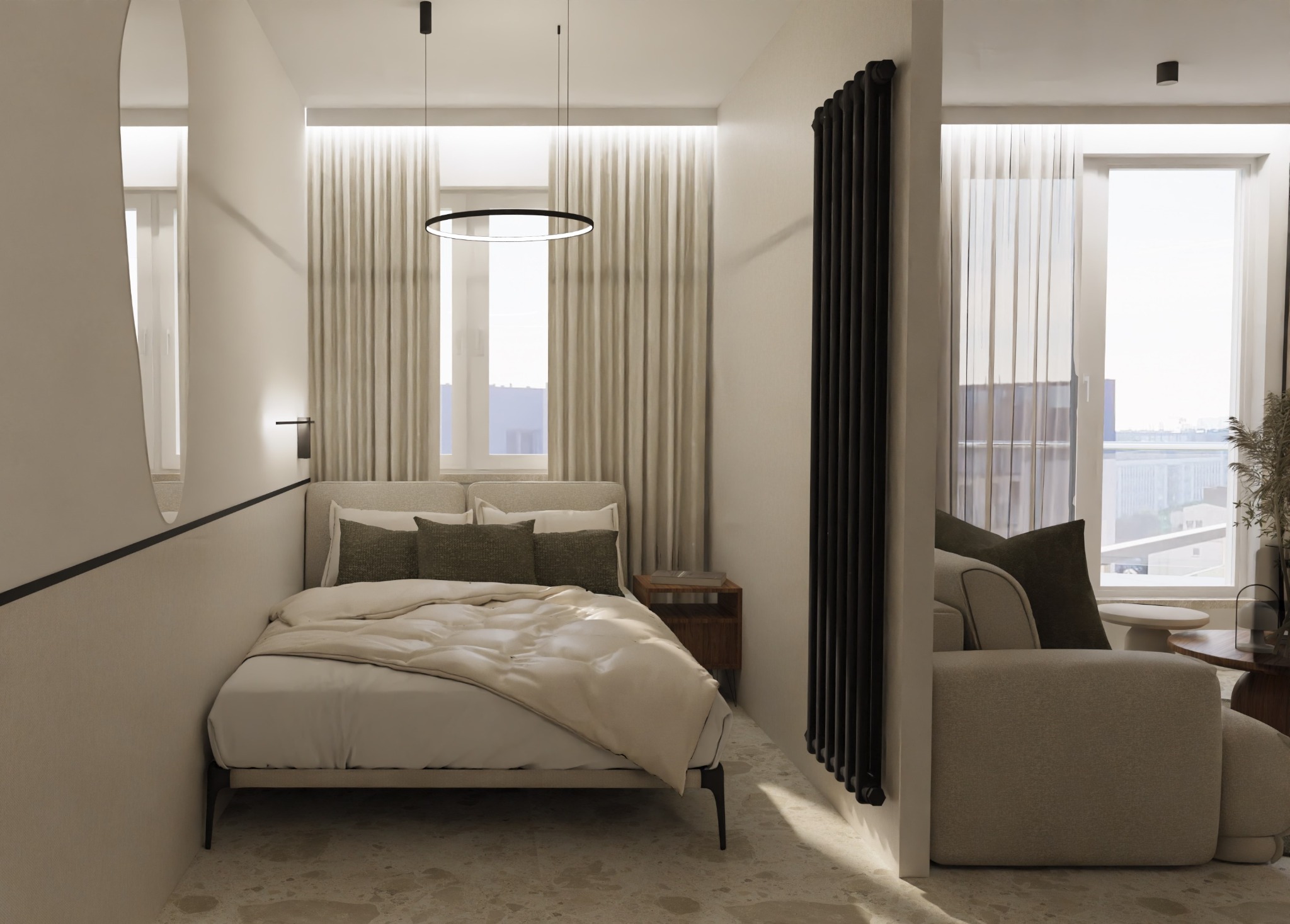Kompaktowa sypialnia z wydzieloną strefą dzienną, beżowa kolorystyka, okrągła lampa sufitowa, czarny grzejnik żeberkowy, podłoga lastryko.