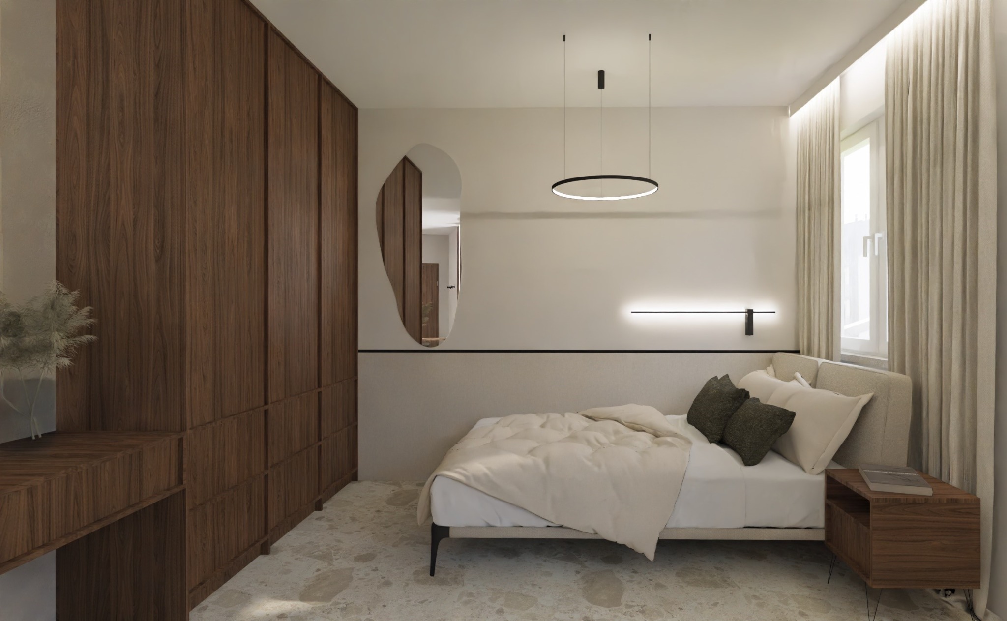 Nowoczesna sypialnia z łóżkiem, drewnianą szafą w zabudowie i owalnym lustrem asymetrycznym, minimalistyczna lampa sufitowa i listwa LED nad wezgłowiem, jasna kolorystyka z akcentami drewna.