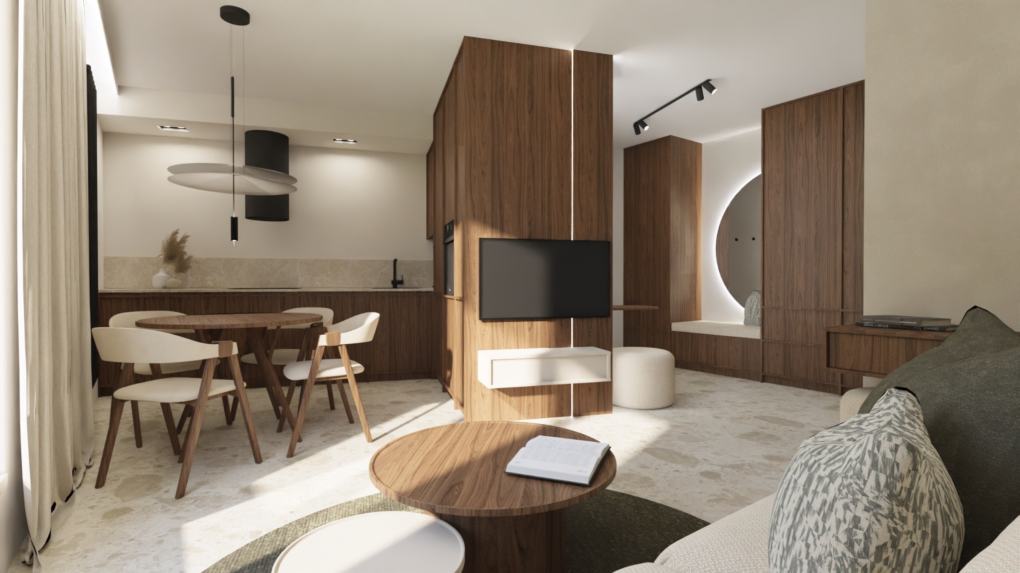 Wnętrze mieszkania w stylu minimalistycznym z drewnianymi akcentami: okrągły stół z książką, krzesła z jasną tapicerką, telewizor na ścianie z drewnianą okładziną, okrągłe lustro podświetlone ledami.