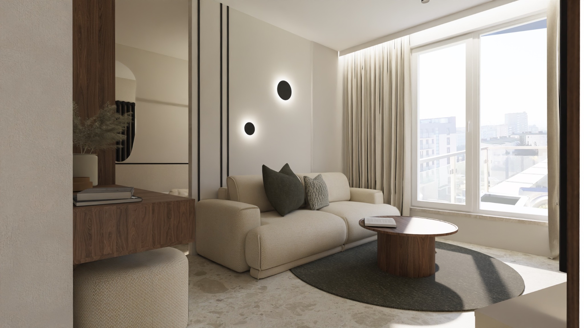 Jasny salon z beżową sofą, okrągłym stolikiem kawowym i dużym oknem z widokiem na miasto, uzupełniony minimalistycznymi lampami ściennymi i drewnianą konsolą z dekoracjami.