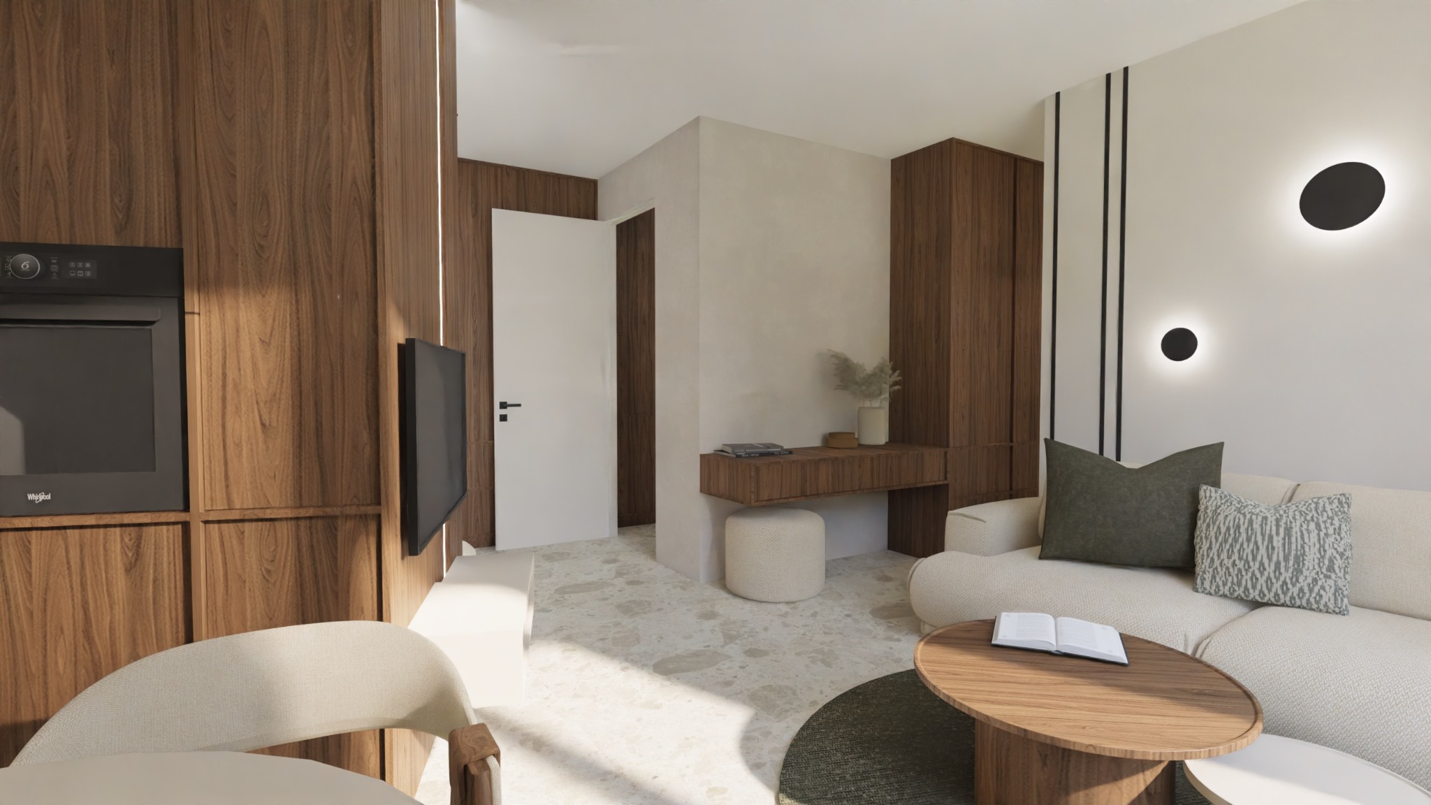 Nowoczesny salon z drewnianą zabudową kuchenną, minimalistycznym stolikiem kawowym z otwartą książką, kremową sofą z poduszkami i okrągłymi lampami ściennymi.