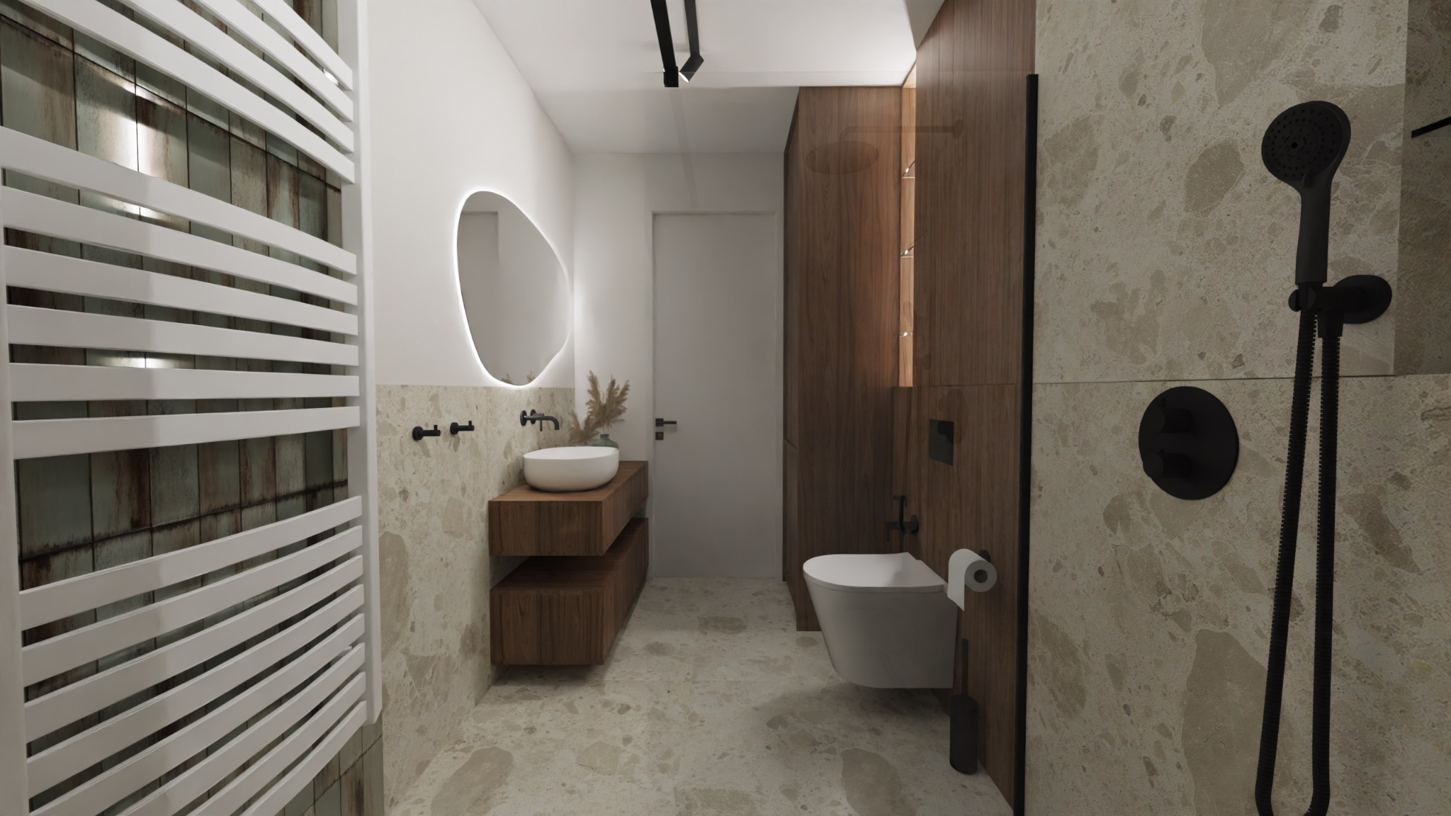 Wizualizacja nowoczesnej łazienki z umywalką nablatową, podświetlanym lustrem o nieregularnym kształcie, drewnianymi szafkami pod umywalką, toaletą wiszącą i czarną armaturą.