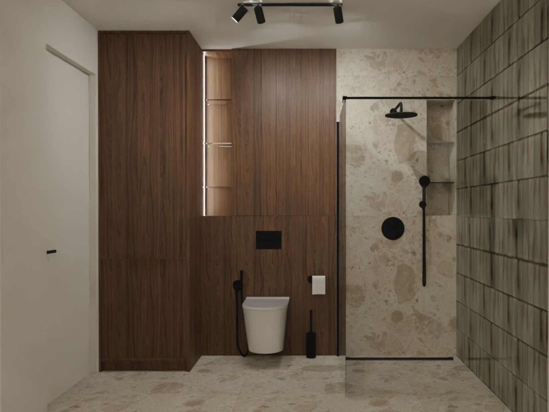 Nowoczesna łazienka z kabiną prysznicową typu walk-in, toaletą podwieszaną i szafką z forniru orzechowego, oświetlona reflektorami sufitowymi.