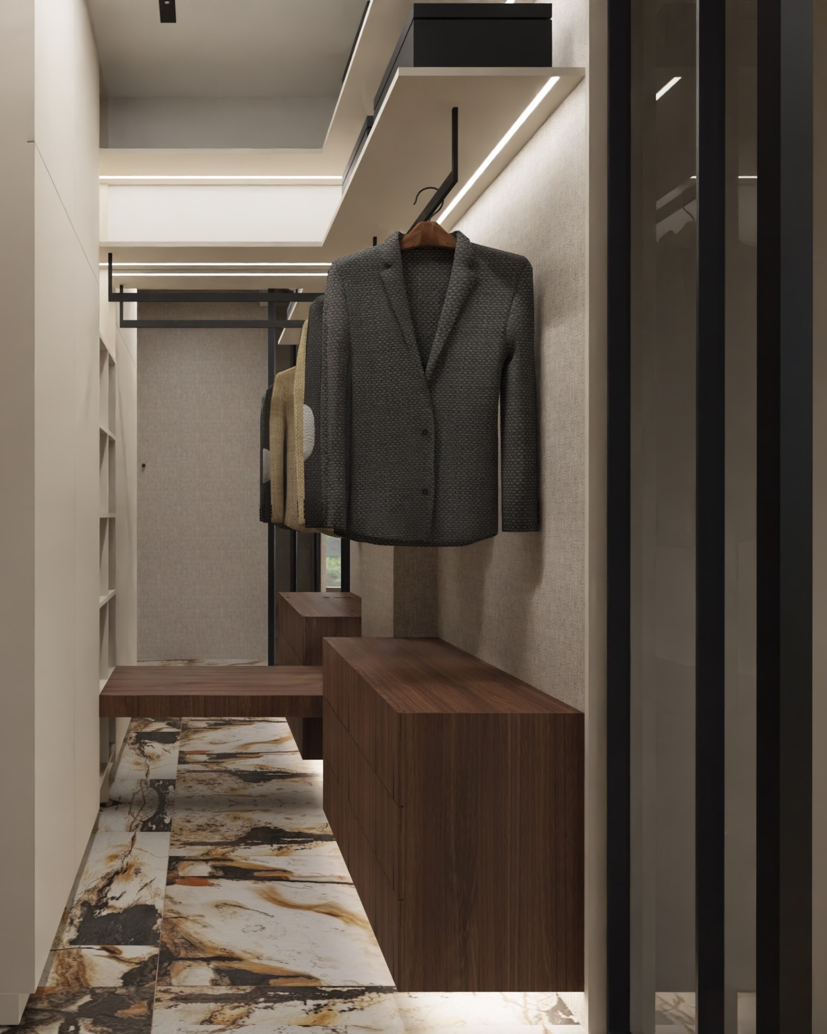 Nowoczesna garderoba z ciemnego drewna, marmurowa podłoga, szary żakiet wiszący na wieszaku, oświetlenie LED wzdłuż półek.