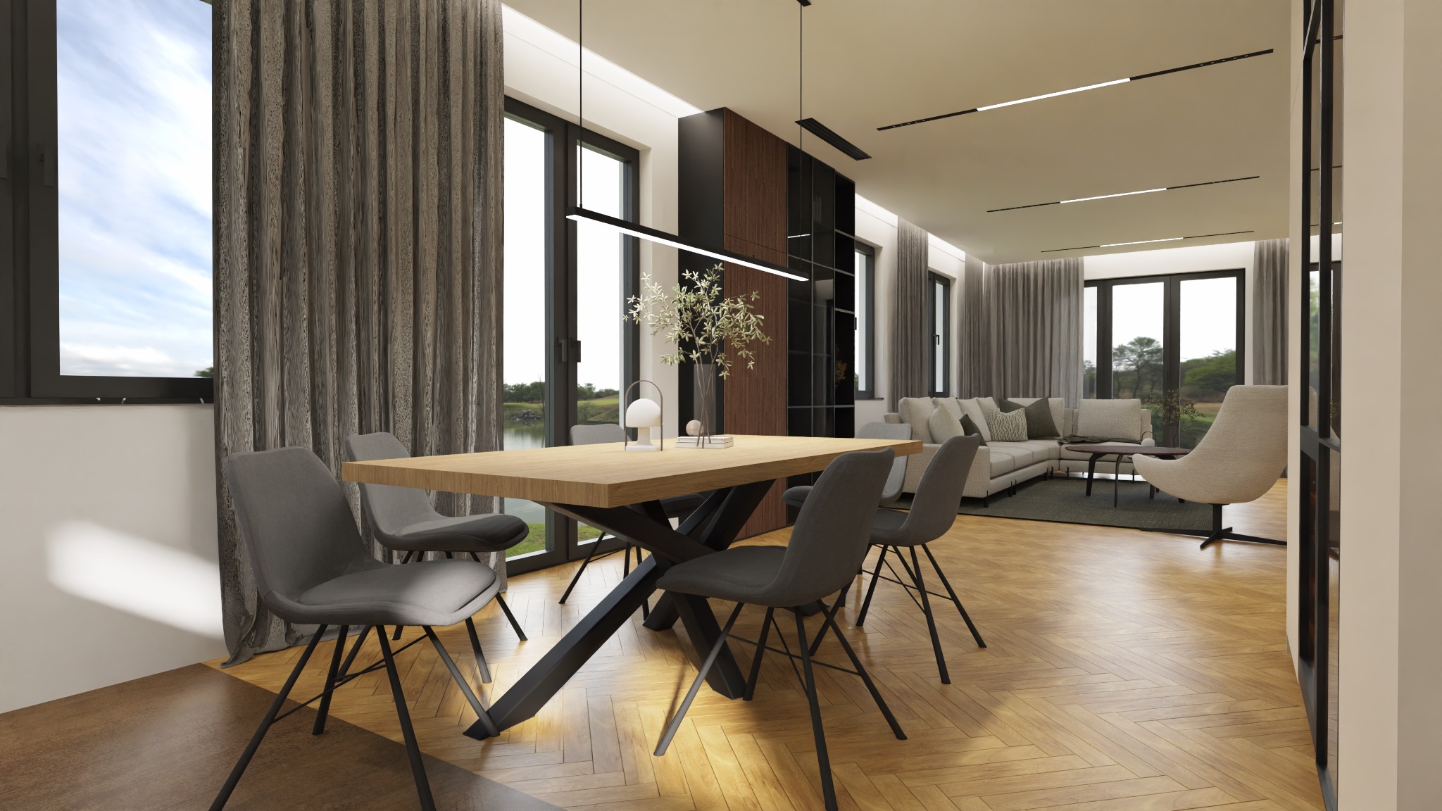 Wizualizacja wnętrza: jadalnia z drewnianym stołem na metalowej podstawie, szare krzesła, parkiet w jodełkę, salon z szarą sofą w tle, duże okna z widokiem na zieleń, zasłony w odcieniach szarości,...