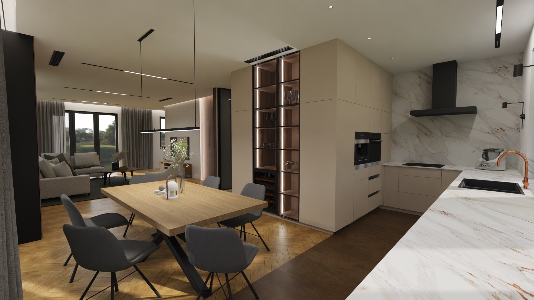 Wizualizacja wnętrza: połączona kuchnia z jadalnią i salonem, drewniany stół z szarymi krzesłami, zabudowa kuchenna z podświetlaną witryną na wino i szkło, marmurowy blat, czarny okap, parkiet...