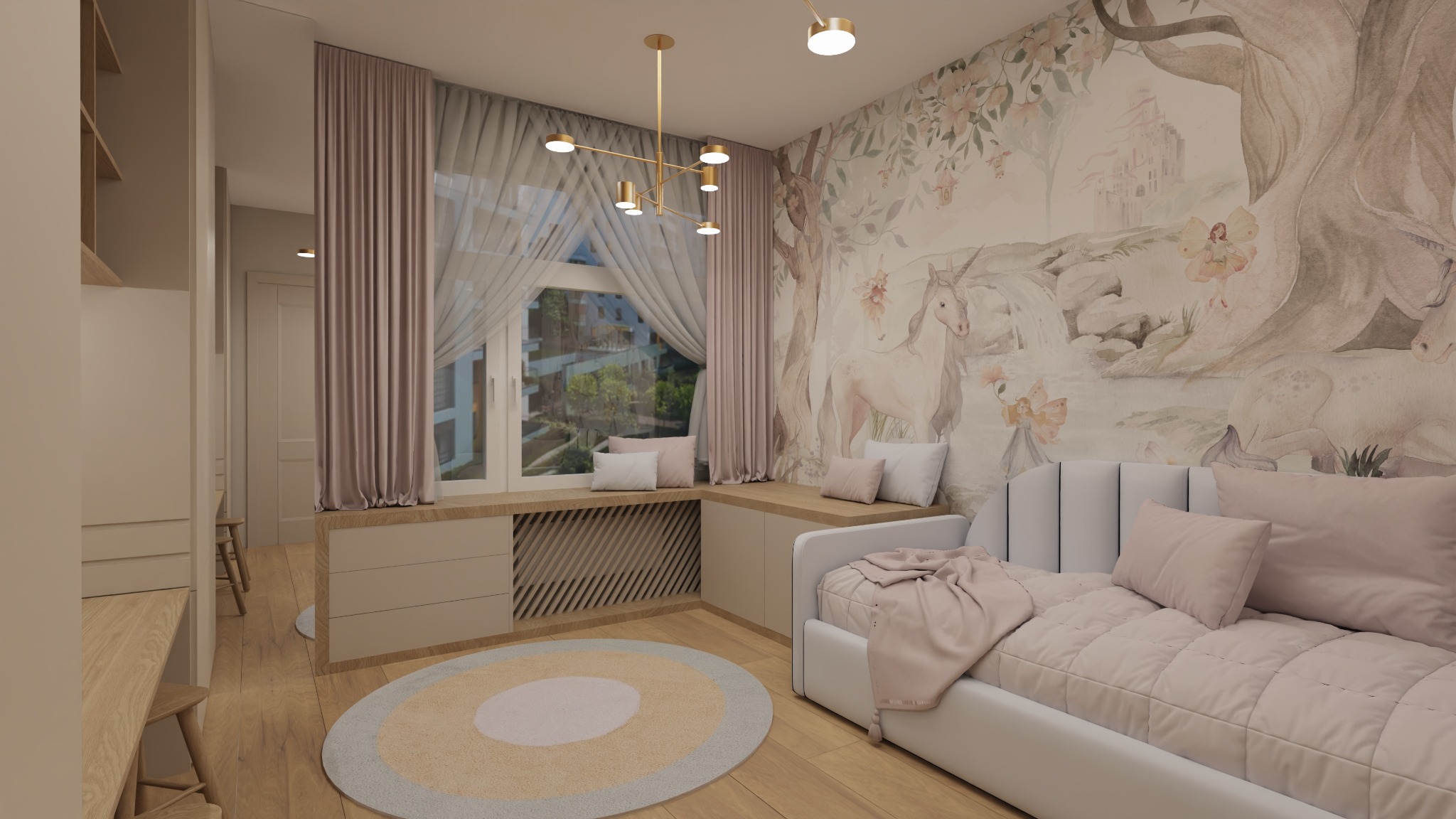 Pokój dziecięcy z łóżkiem, okrągłym dywanem i tapetą z motywem jednorożców i zamku, oświetlony nowoczesną lampą wiszącą.