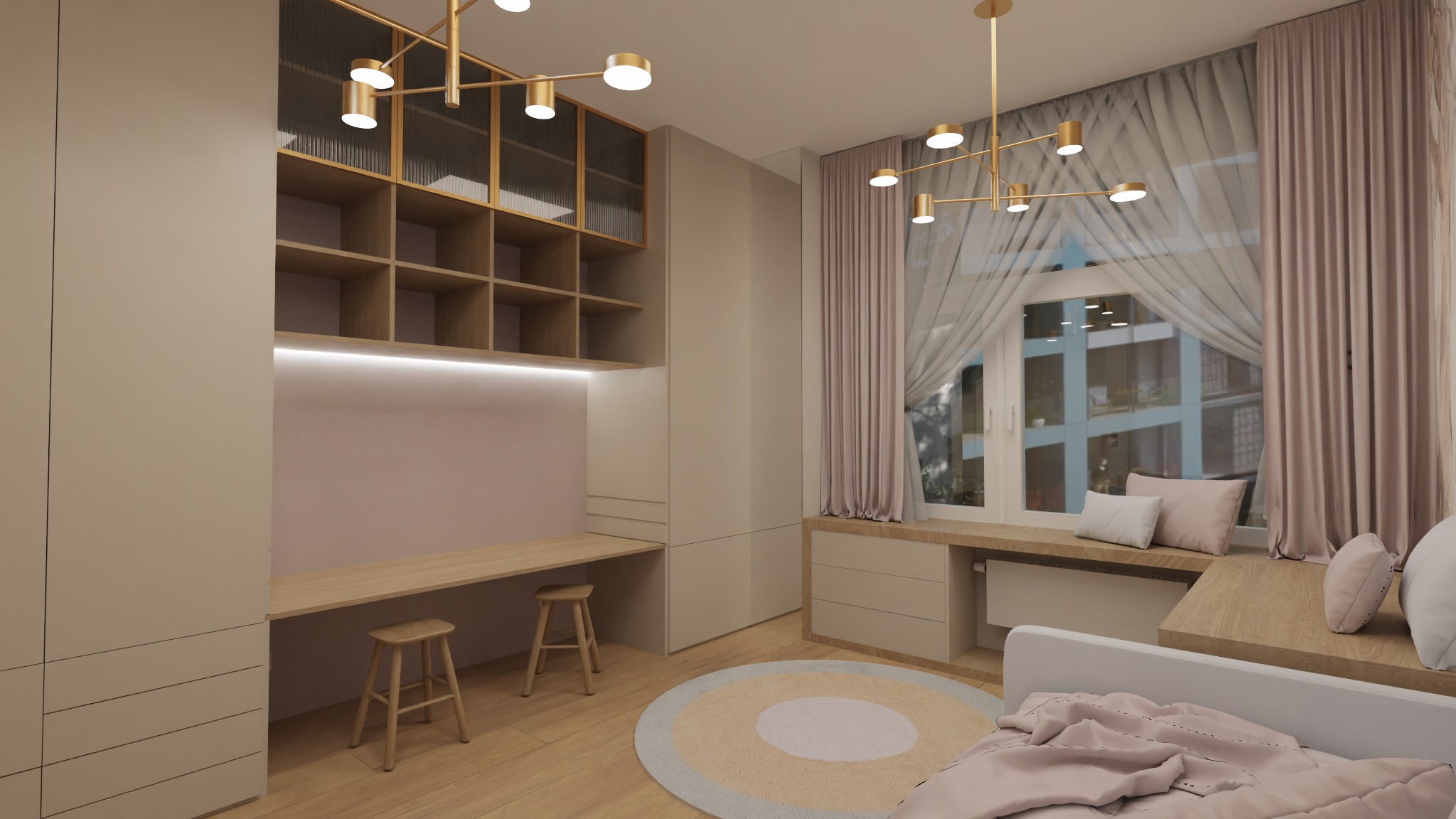 Pokój dziecięcy z biurkiem podświetlonym LED, regałem z przeszklonymi szafkami, oknem z zasłonami i okrągłym dywanem w odcieniach beżu i szarości.