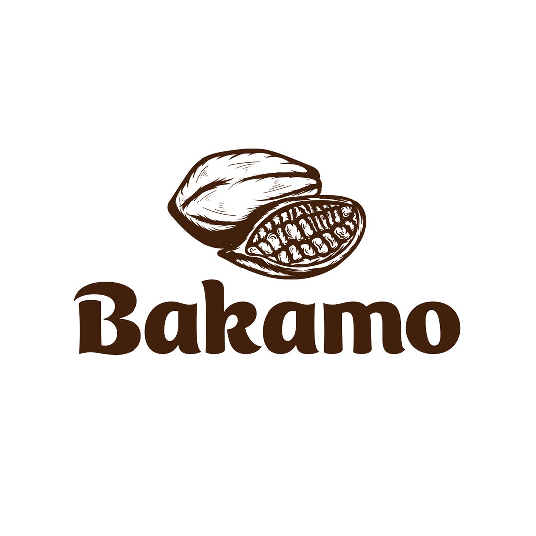 Brązowy rysunek ziarna kakaowca w przekroju, umieszczony nad napisem 'Bakamo' w brązowej, stylizowanej czcionce na białym tle.