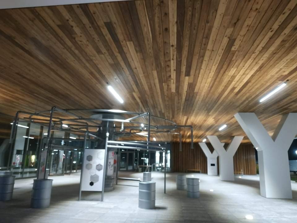 Wnętrze hali z drewnianym sufitem ułożonym z desek, metalową konstrukcją i białymi filarami w kształcie litery Y.