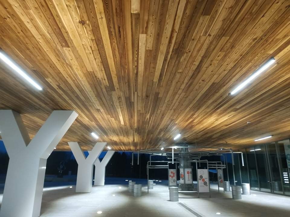 Drewniany sufit z desek o ciepłym odcieniu, oświetlony długimi lampami LED, wsparty na białych, stylizowanych podporach w kształcie litery Y, z elementami metalowymi i szklanymi w tle.