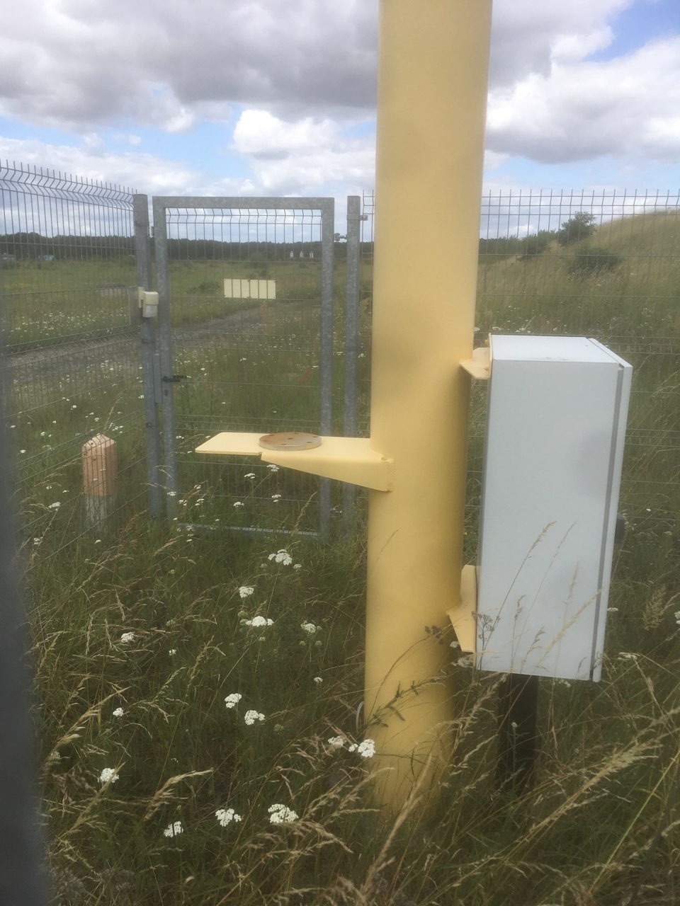 Żółta metalowa kolumna z przymocowaną skrzynką i półką, otoczona trawą i kwiatami, z metalową bramą w tle.