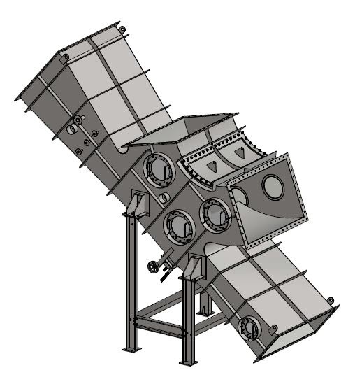 Techniczny rysunek 3D metalowej konstrukcji z licznymi otworami, wspartej na stalowym stelażu. Perspektywa z dołu ukazuje złożoność budowy.